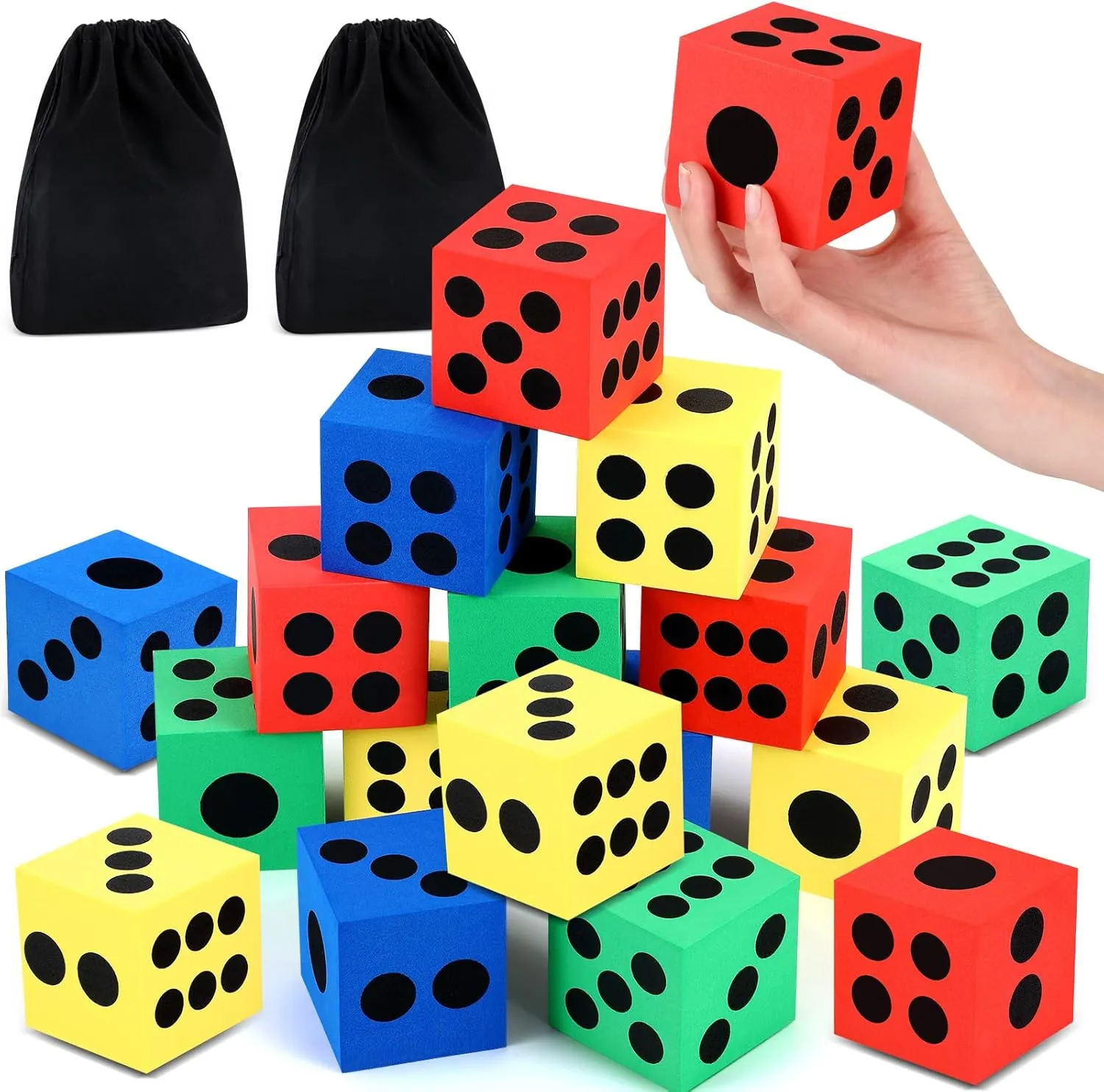 Meooeck 18 Pcs 2.48 Inch EVA Foam Dice Large Colorful Jumbo Dice for Party with Storage Bag for Building Educational Toys School Supplies Fun Gift