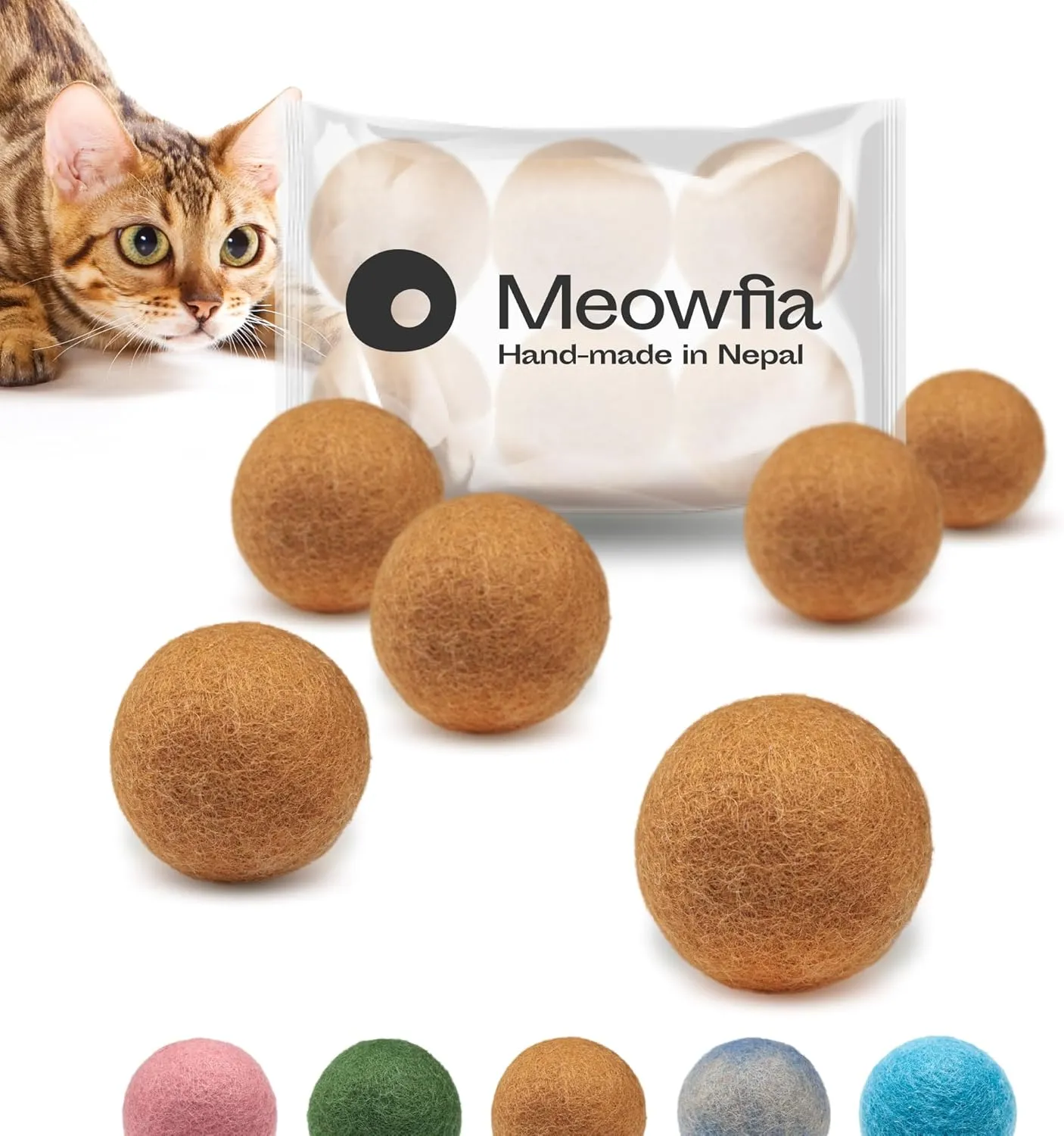MEOWFIA Wool Ball Toys - 6-Pack of Safe for Cats and Small Dogs Balls - 1.5 Inch Felted Wool Cat Toy and Dog Toy - Perfect with Cat Cave - Silent - Mini Tennis Balls - (1,5in/Dark Beige)