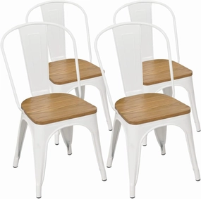 Metal Dining Chairs with Wood Seat Set of 4 White Stackable Industrial Metal Restaurant/Bistro/Cafe/Trattoria/Bar Side Chairs