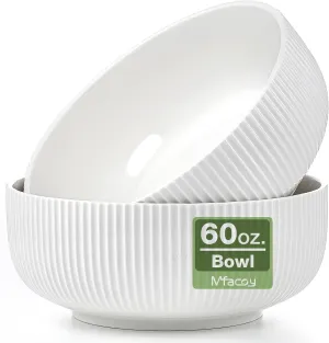 Mfacoy 2 Pack Salad Bowl, 8 inch 60 oz Large Serving Bowl Set, Deep Bowl for Kitchen, White Ceramic Bowl Set for Soup, Cereal, Ramen, Pasta, Salad, Dishwasher & Microwave Safe, Easy Clean