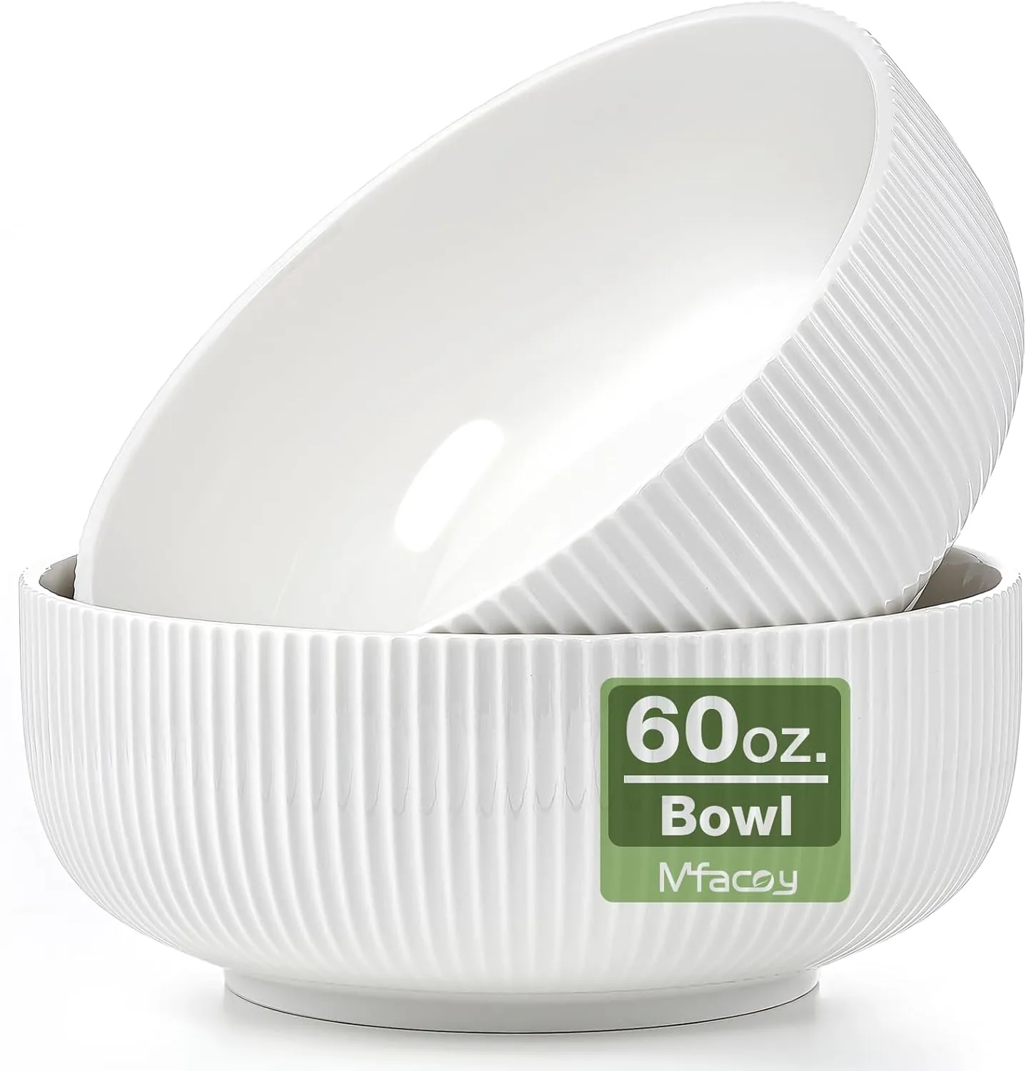 Mfacoy 2 Pack Salad Bowl, 8 inch 60 oz Large Serving Bowl Set, Deep Bowl for Kitchen, White Ceramic Bowl Set for Soup, Cereal, Ramen, Pasta, Salad, Dishwasher & Microwave Safe, Easy Clean