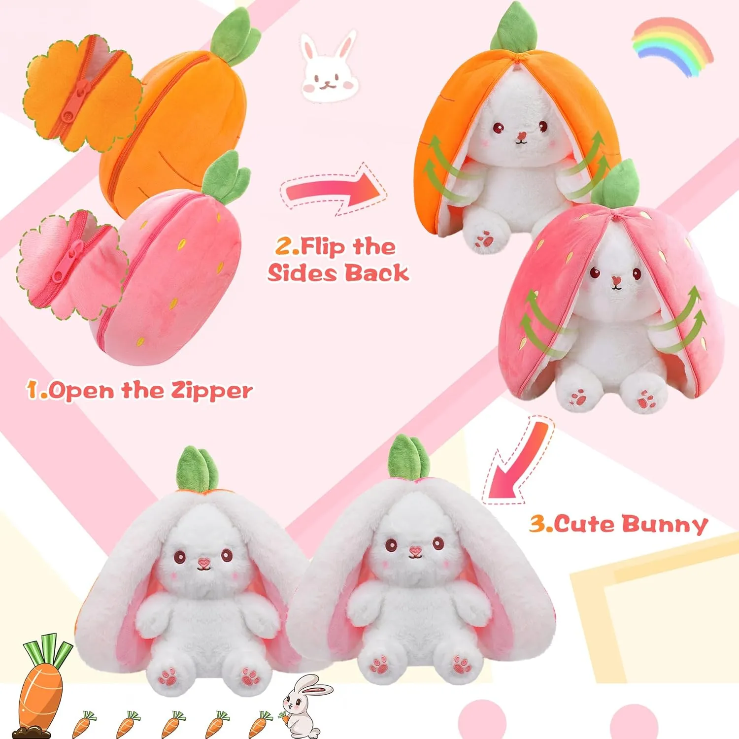 MIAODAM Cuddly Bunny Stuffed Animal, Kawaii Squishy Cute Easter Bunny Plush Turn Into Rabbit Fruit Doll Carrot Strawberry Pillow, Plushies Funny Bunny Toy for Baby
