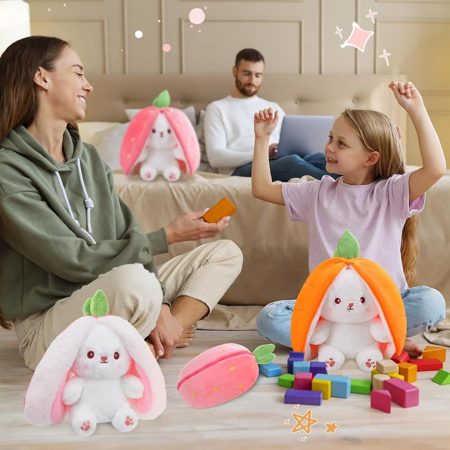 MIAODAM Cuddly Bunny Stuffed Animal, Kawaii Squishy Cute Easter Bunny Plush Turn Into Rabbit Fruit Doll Carrot Strawberry Pillow, Plushies Funny Bunny Toy for Baby