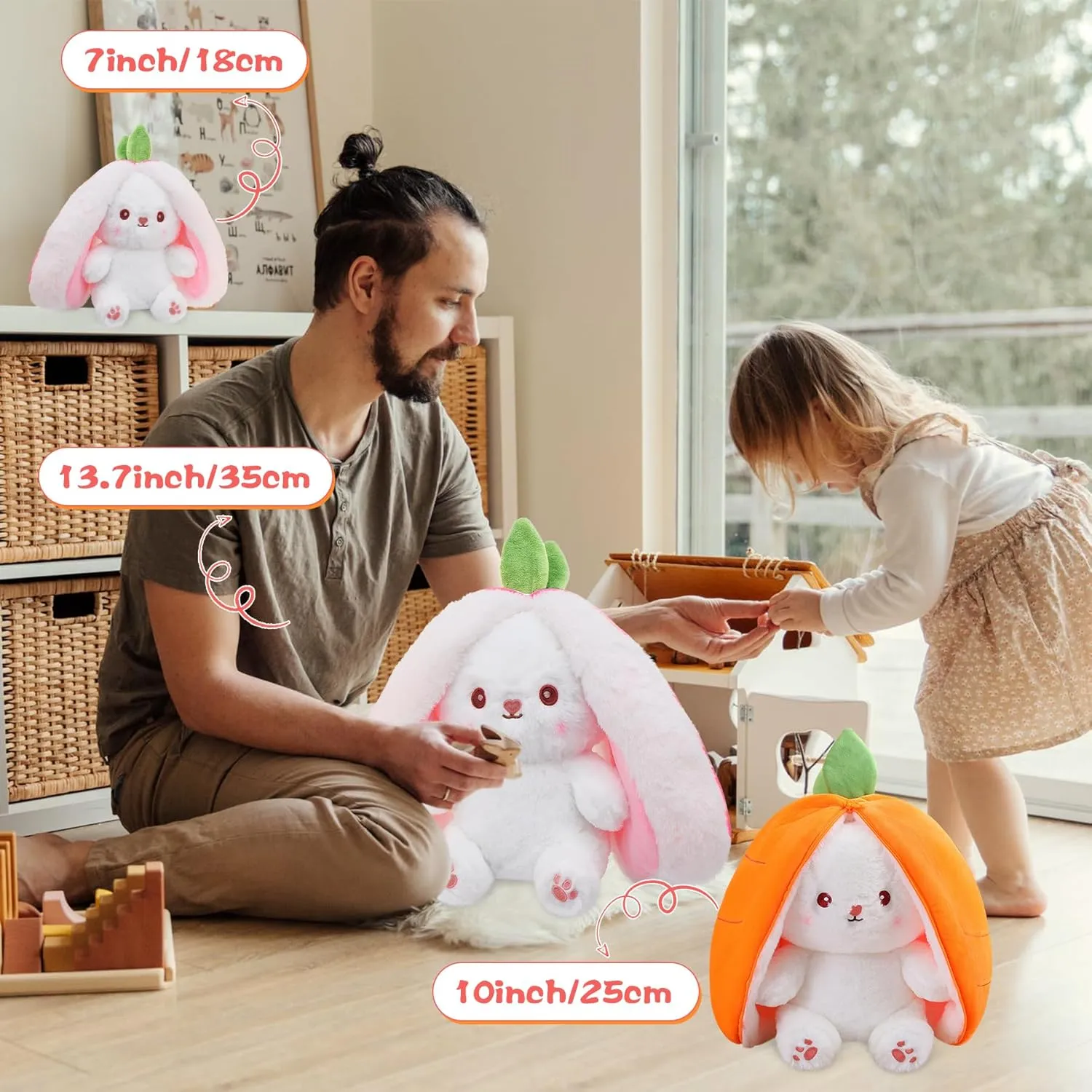 MIAODAM Cuddly Bunny Stuffed Animal, Kawaii Squishy Cute Easter Bunny Plush Turn Into Rabbit Fruit Doll Carrot Strawberry Pillow, Plushies Funny Bunny Toy for Baby