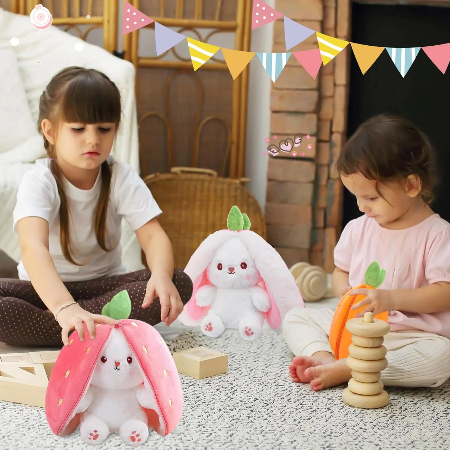 MIAODAM Cuddly Bunny Stuffed Animal, Kawaii Squishy Cute Easter Bunny Plush Turn Into Rabbit Fruit Doll Carrot Strawberry Pillow, Plushies Funny Bunny Toy for Baby