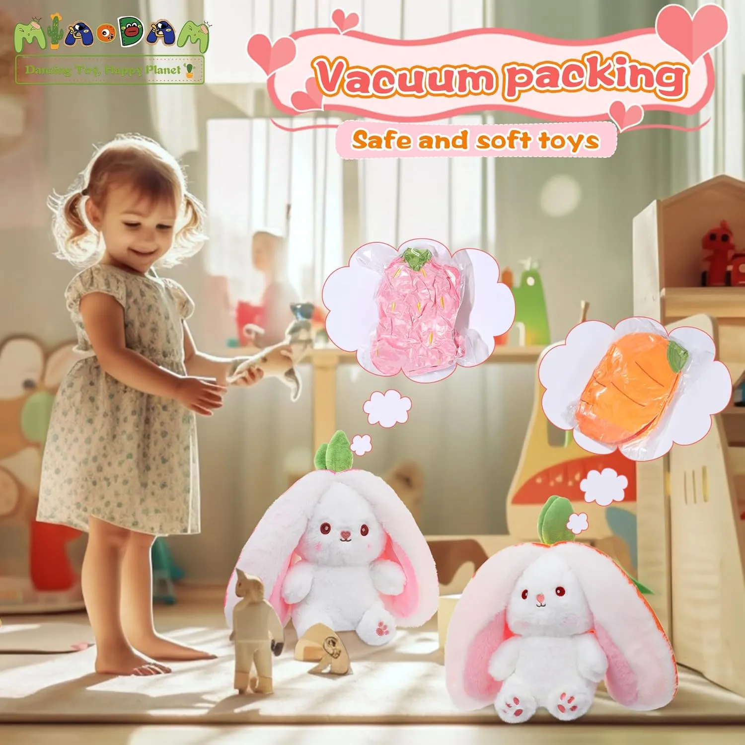 MIAODAM Cuddly Bunny Stuffed Animal, Kawaii Squishy Cute Easter Bunny Plush Turn Into Rabbit Fruit Doll Carrot Strawberry Pillow, Plushies Funny Bunny Toy for Baby