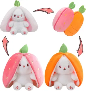 MIAODAM Cuddly Bunny Stuffed Animal, Kawaii Squishy Cute Easter Bunny Plush Turn Into Rabbit Fruit Doll Carrot Strawberry Pillow, Plushies Funny Bunny Toy for Baby