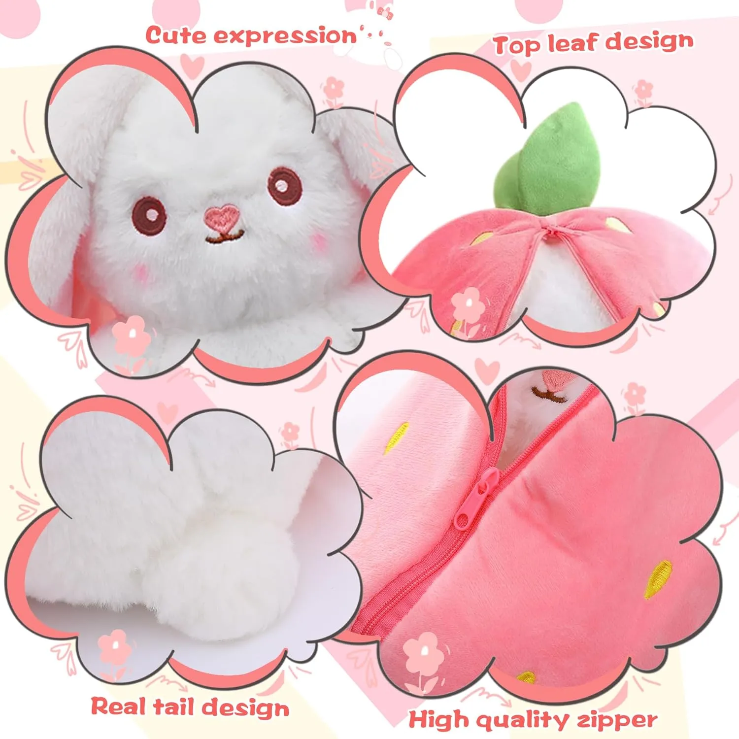 MIAODAM Cuddly Bunny Stuffed Animal, Kawaii Squishy Cute Easter Bunny Plush Turn Into Rabbit Fruit Doll Carrot Strawberry Pillow, Plushies Funny Bunny Toy for Baby