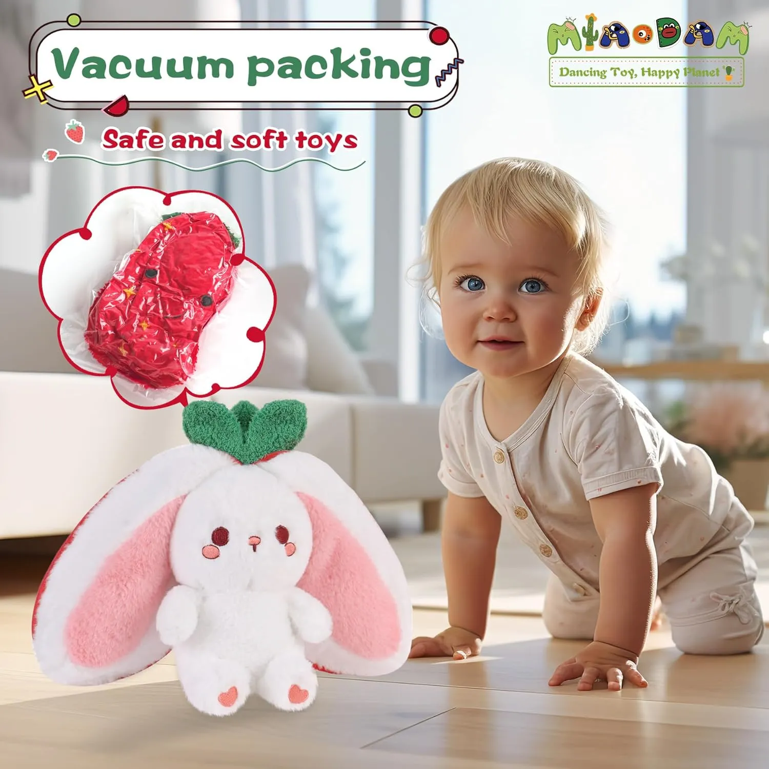 MIAODAM Strawberry Bunny Plush Toy-Soft Huggable Stuffed Animal for Babies, Kids & Collectors, Birthday Present & Nursery Decor 13.7inch
