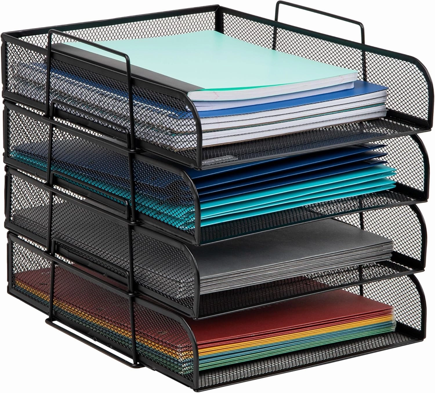 Mind Reader Stackable Paper Tray, Desktop Organizer, File Storage, Office, Metal Mesh, 10.5" L x13.5 W x11.25 H, 4 Pcs., Black