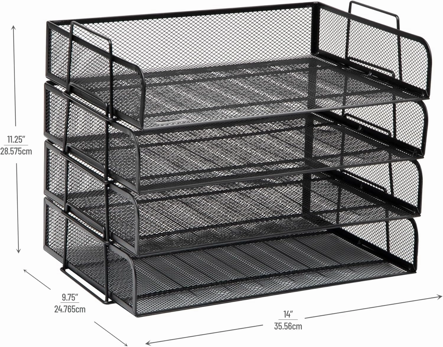 Mind Reader Stackable Paper Tray, Desktop Organizer, File Storage, Office, Metal Mesh, 14" L x 9.75" W x 11.25" H, 4 Pcs., Black