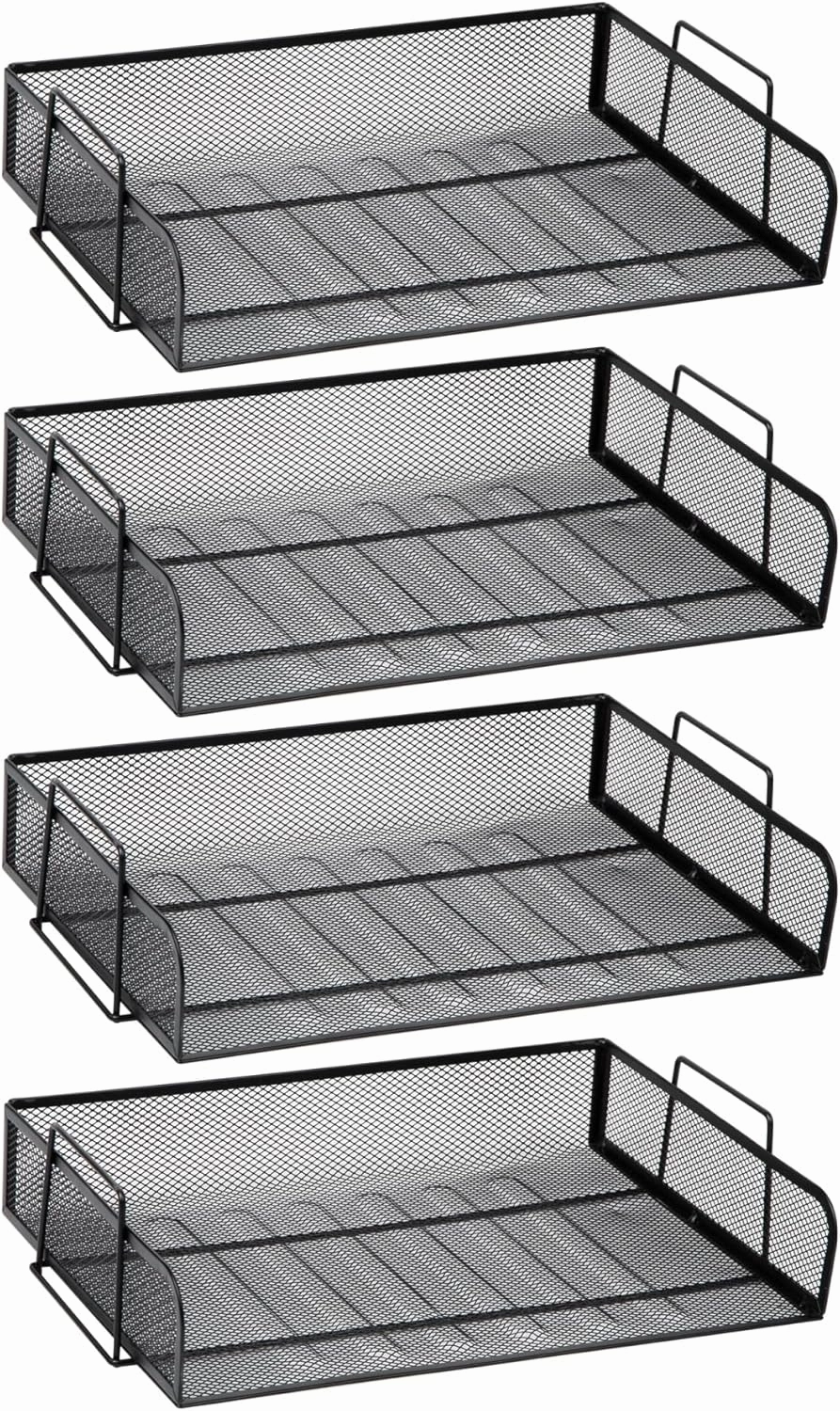 Mind Reader Stackable Paper Tray, Desktop Organizer, File Storage, Office, Metal Mesh, 14" L x 9.75" W x 11.25" H, 4 Pcs., Black