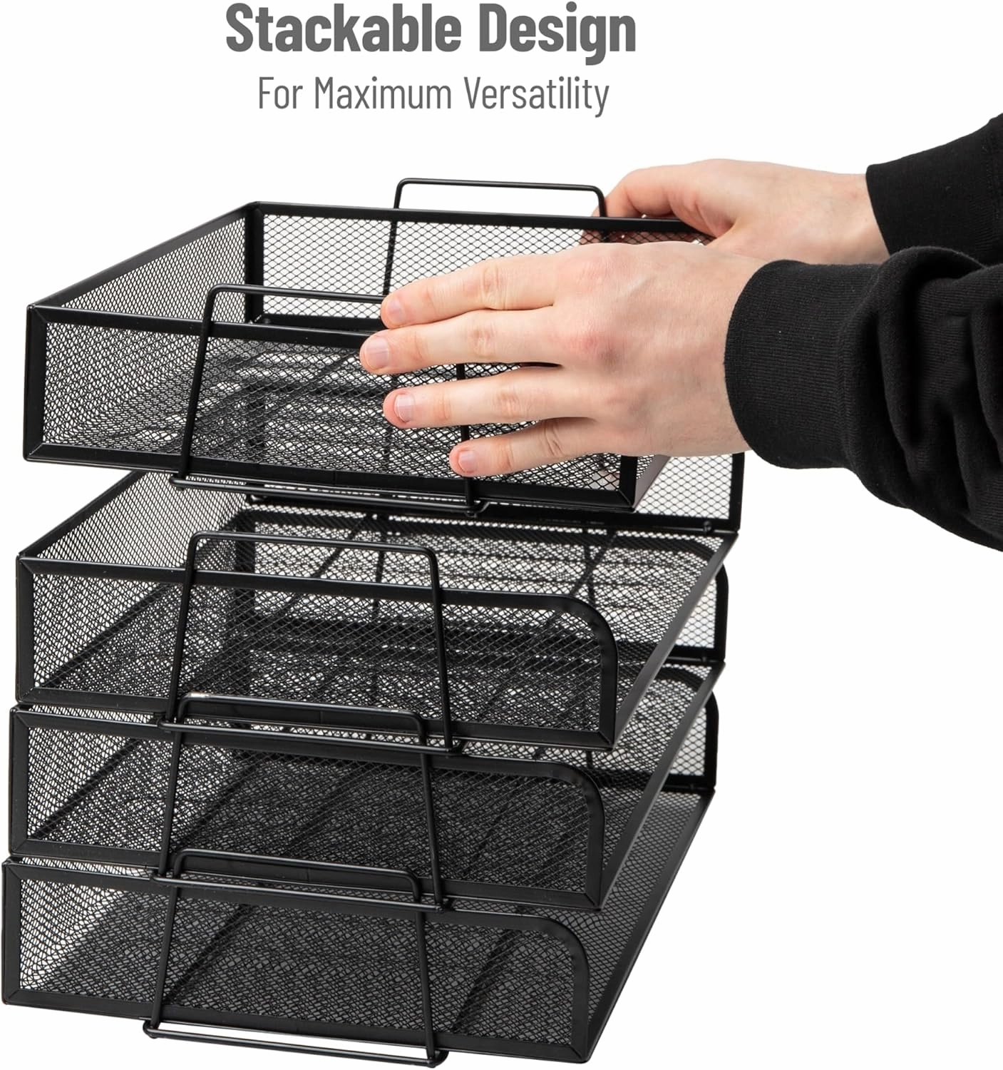 Mind Reader Stackable Paper Tray, Desktop Organizer, File Storage, Office, Metal Mesh, 14" L x 9.75" W x 11.25" H, 4 Pcs., Black