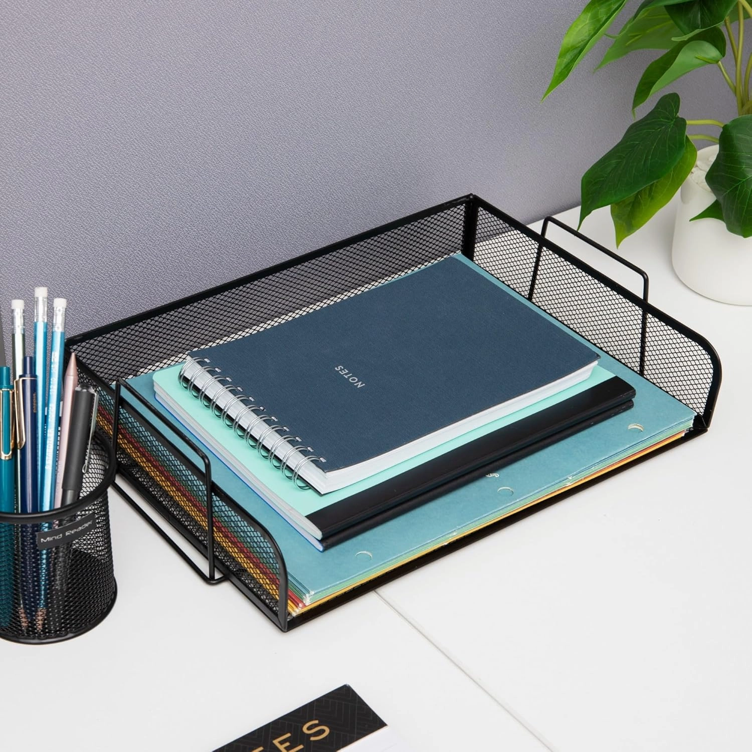Mind Reader Stackable Paper Tray, Desktop Organizer, File Storage, Office, Metal Mesh, 14" L x 9.75" W x 11.25" H, 4 Pcs., Black