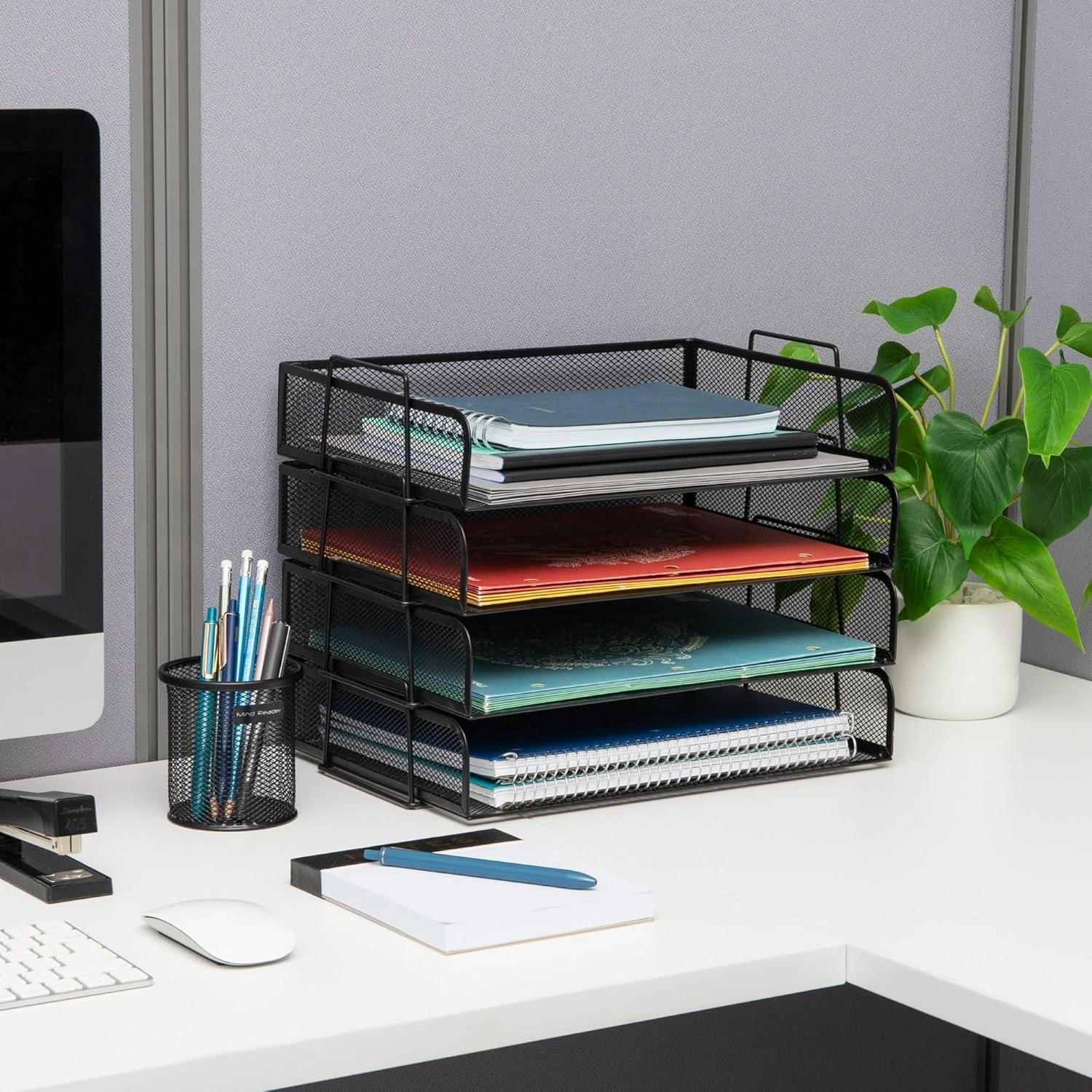 Mind Reader Stackable Paper Tray, Desktop Organizer, File Storage, Office, Metal Mesh, 14" L x 9.75" W x 11.25" H, 4 Pcs., Black