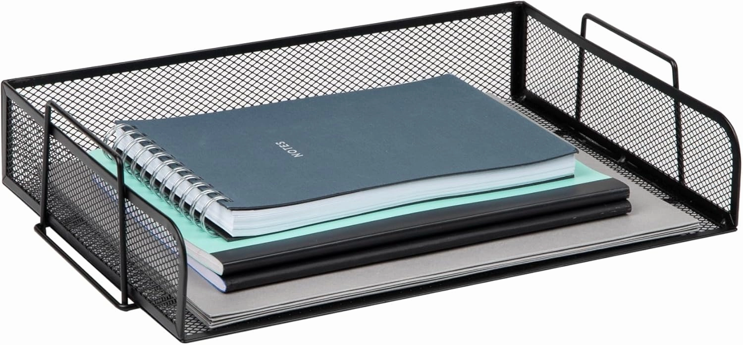 Mind Reader Stackable Paper Tray, Desktop Organizer, File Storage, Office, Metal Mesh, 14" L x 9.75" W x 11.25" H, 4 Pcs., Black