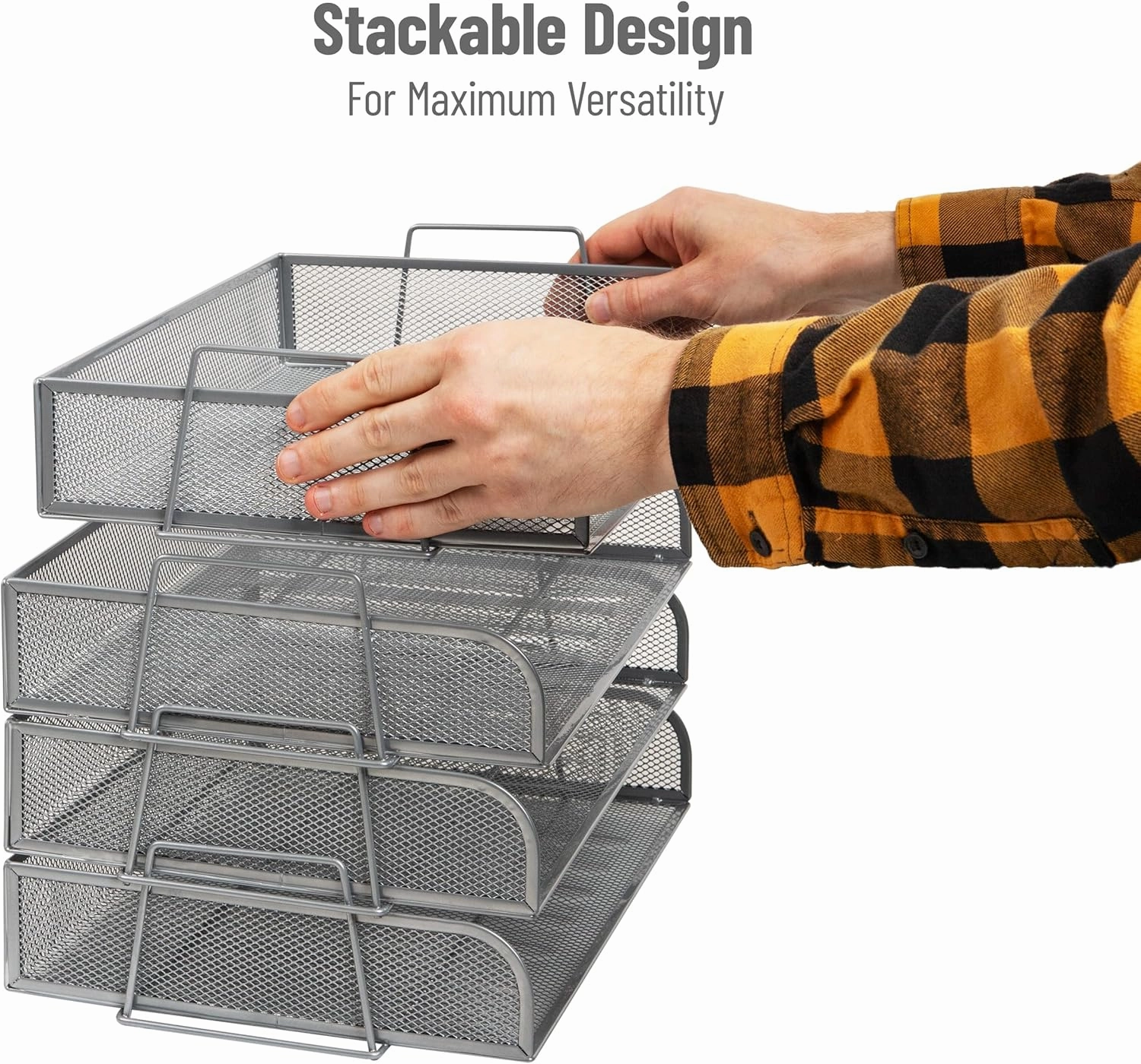Mind Reader Stackable Paper Tray, Desktop Organizer, File Storage, Office, Metal Mesh, 14" L x 9.75" W x 11.25" H, 4 Pcs., Silver