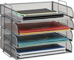 Mind Reader Stackable Paper Tray, Desktop Organizer, File Storage, Office, Metal Mesh, 14" L x 9.75" W x 11.25" H, 4 Pcs., Silver