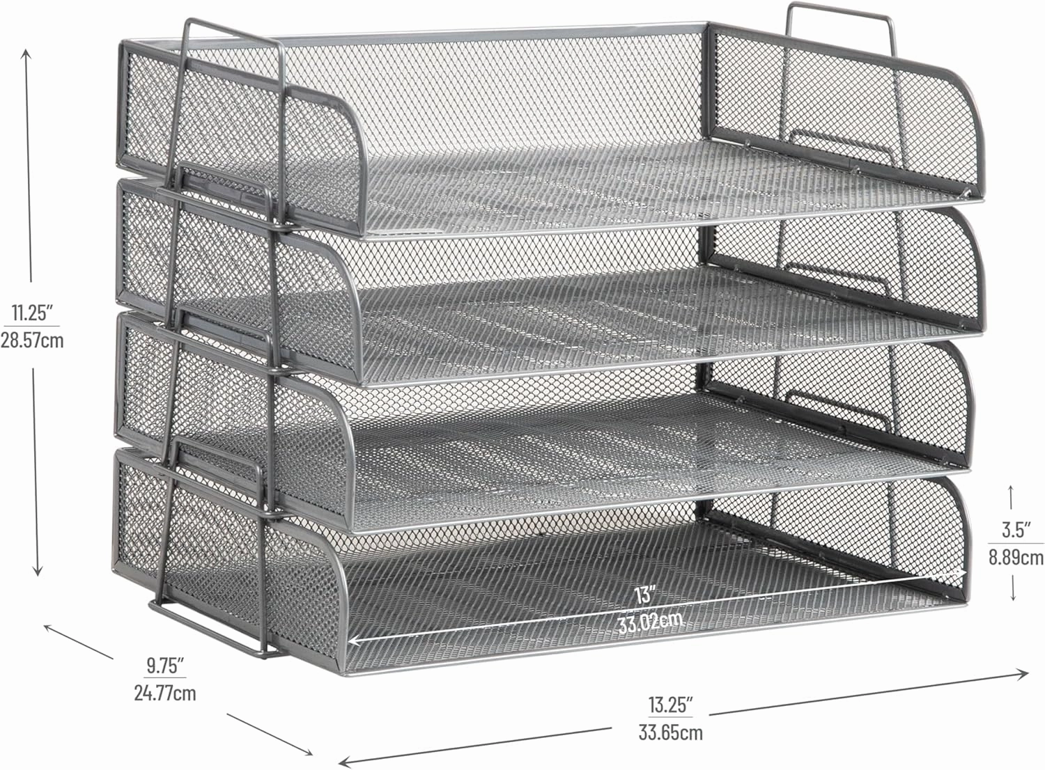 Mind Reader Stackable Paper Tray, Desktop Organizer, File Storage, Office, Metal Mesh, 14" L x 9.75" W x 11.25" H, 4 Pcs., Silver