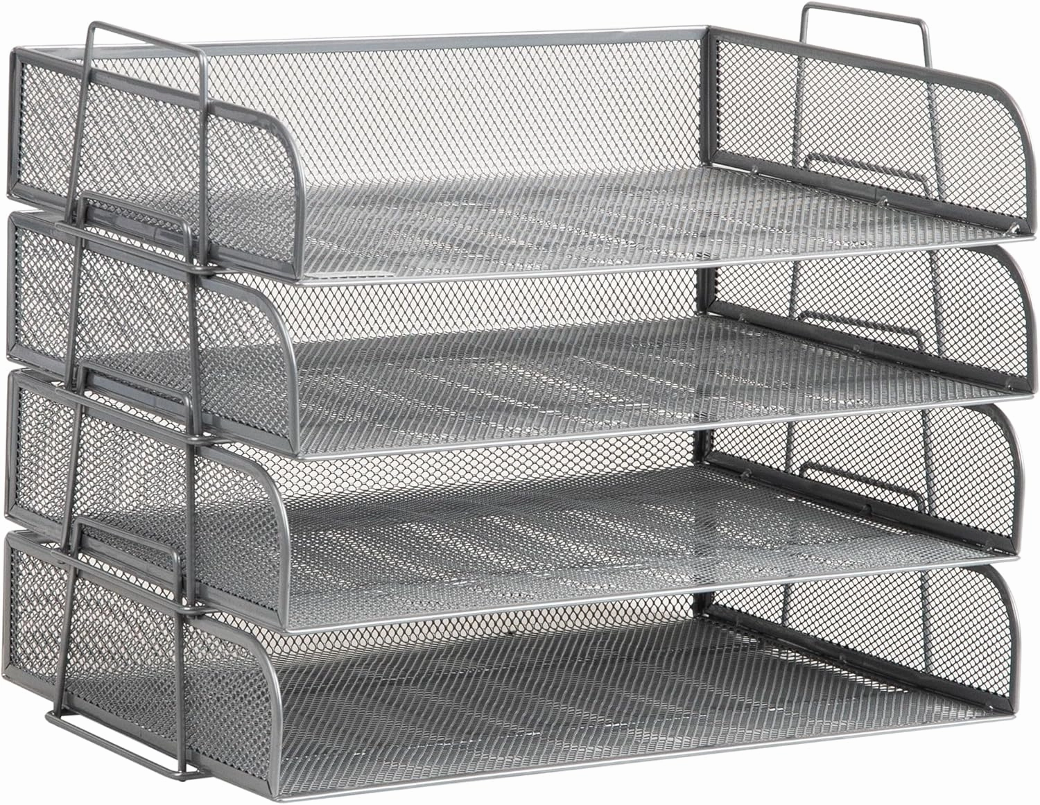 Mind Reader Stackable Paper Tray, Desktop Organizer, File Storage, Office, Metal Mesh, 14" L x 9.75" W x 11.25" H, 4 Pcs., Silver