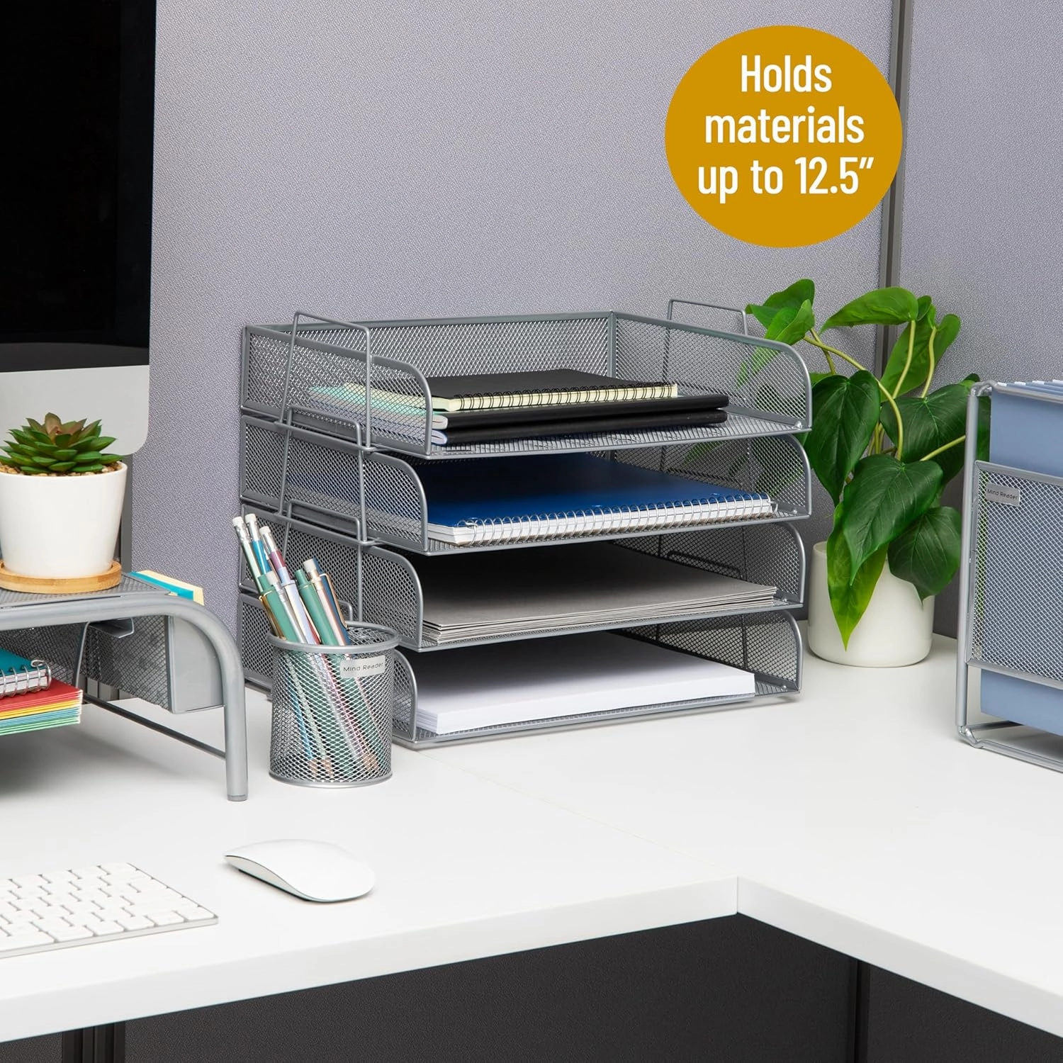 Mind Reader Stackable Paper Tray, Desktop Organizer, File Storage, Office, Metal Mesh, 14" L x 9.75" W x 11.25" H, 4 Pcs., Silver
