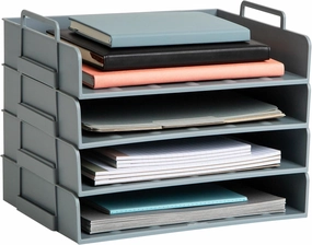 Mind Reader Stackable Paper Tray, Desktop Organizer, File Storage, Office, Plastic, 13.75" L x 10" W x 10.75" H, 4 Pcs., Gray
