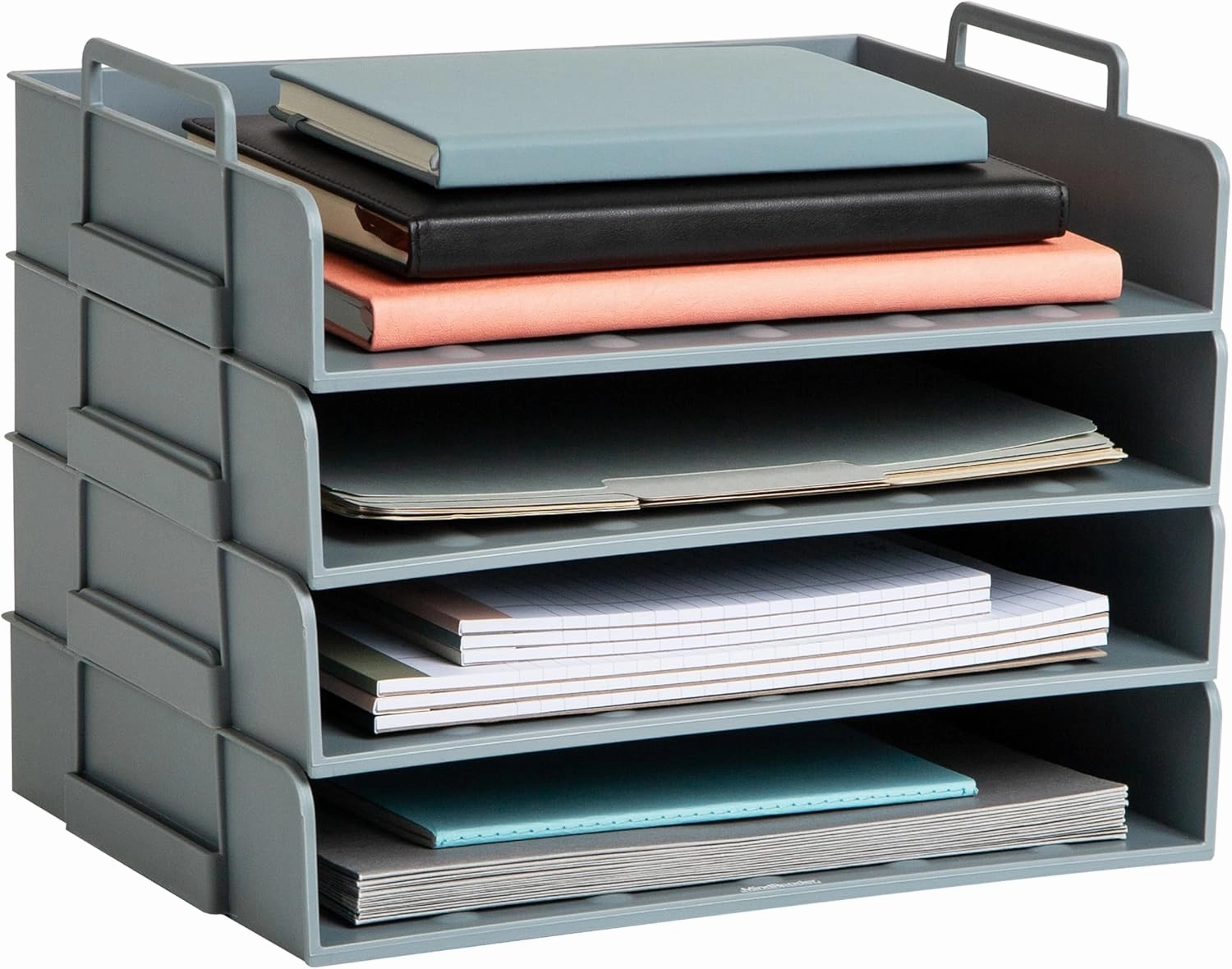 Mind Reader Stackable Paper Tray, Desktop Organizer, File Storage, Office, Plastic, 13.75" L x 10" W x 10.75" H, 4 Pcs., Gray