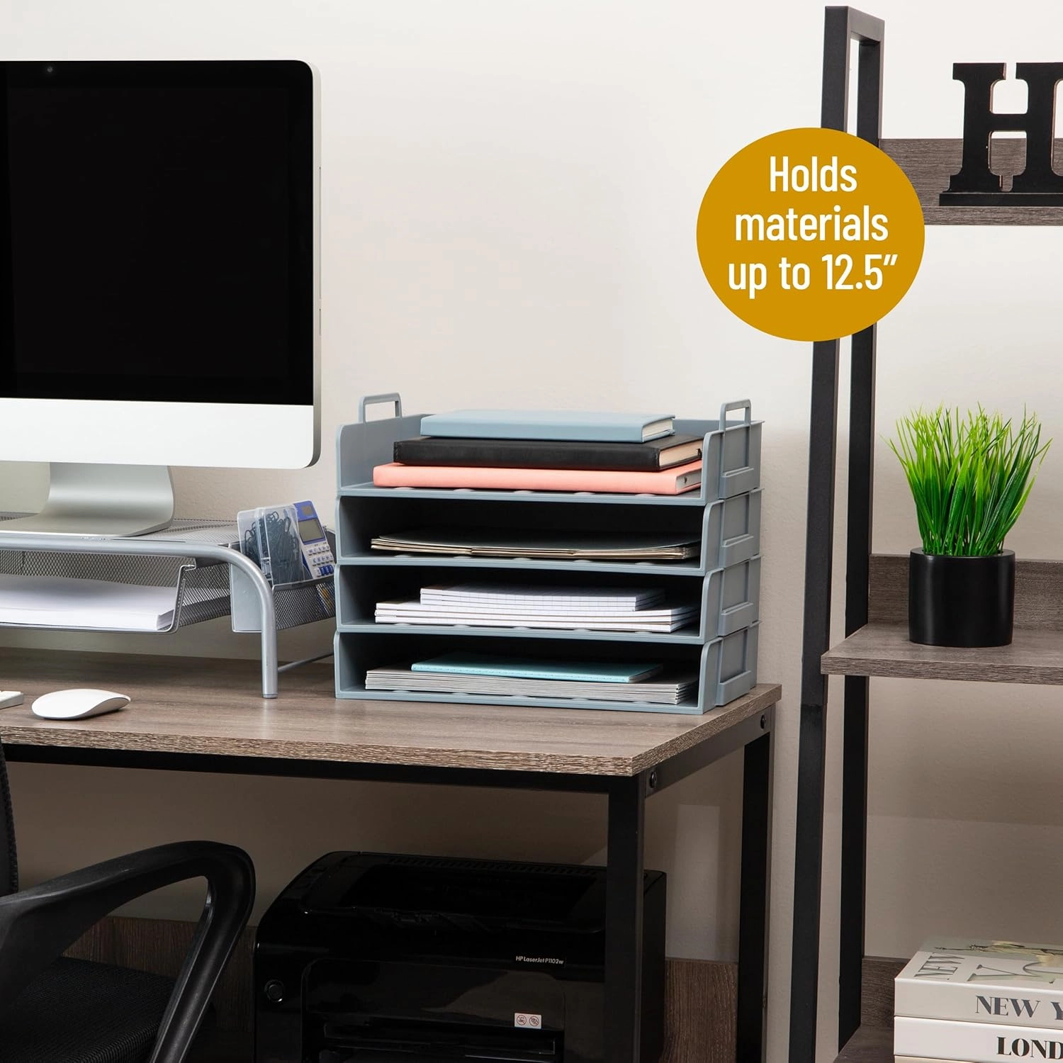 Mind Reader Stackable Paper Tray, Desktop Organizer, File Storage, Office, Plastic, 13.75" L x 10" W x 10.75" H, 4 Pcs., Gray