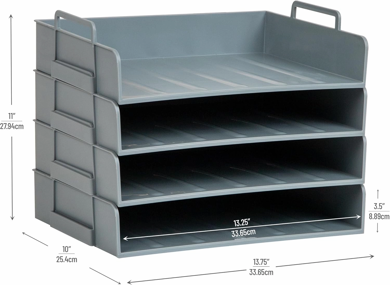 Mind Reader Stackable Paper Tray, Desktop Organizer, File Storage, Office, Plastic, 13.75" L x 10" W x 10.75" H, 4 Pcs., Gray