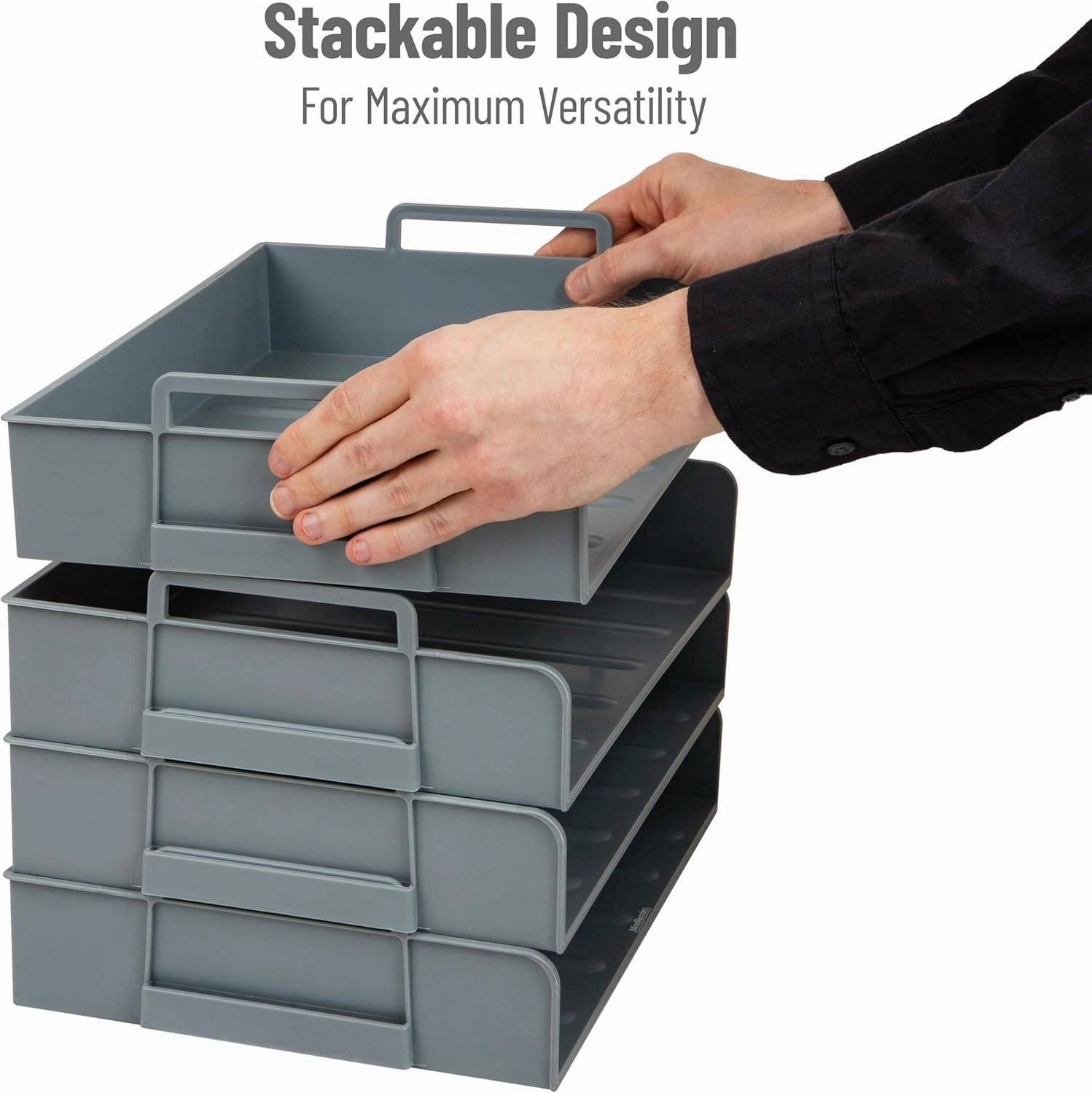 Mind Reader Stackable Paper Tray, Desktop Organizer, File Storage, Office, Plastic, 13.75" L x 10" W x 10.75" H, 4 Pcs., Gray