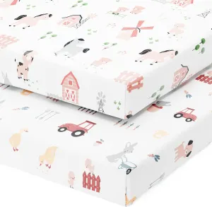Mini Portable 24x38 Fitted Crib Sheets – Compatible with Dream on Me, Delta Porta Crib and Arms Reach Ideal Cosleeper – 100% Jersey Cotton – Farm Animals – 2 Pack