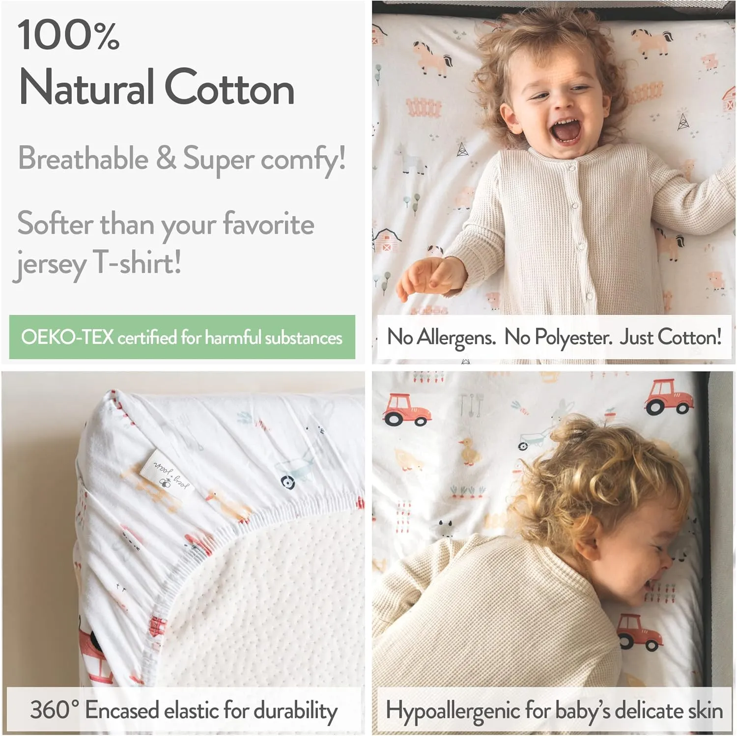 Mini Portable 24x38 Fitted Crib Sheets – Compatible with Dream on Me, Delta Porta Crib and Arms Reach Ideal Cosleeper – 100% Jersey Cotton – Farm Animals – 2 Pack