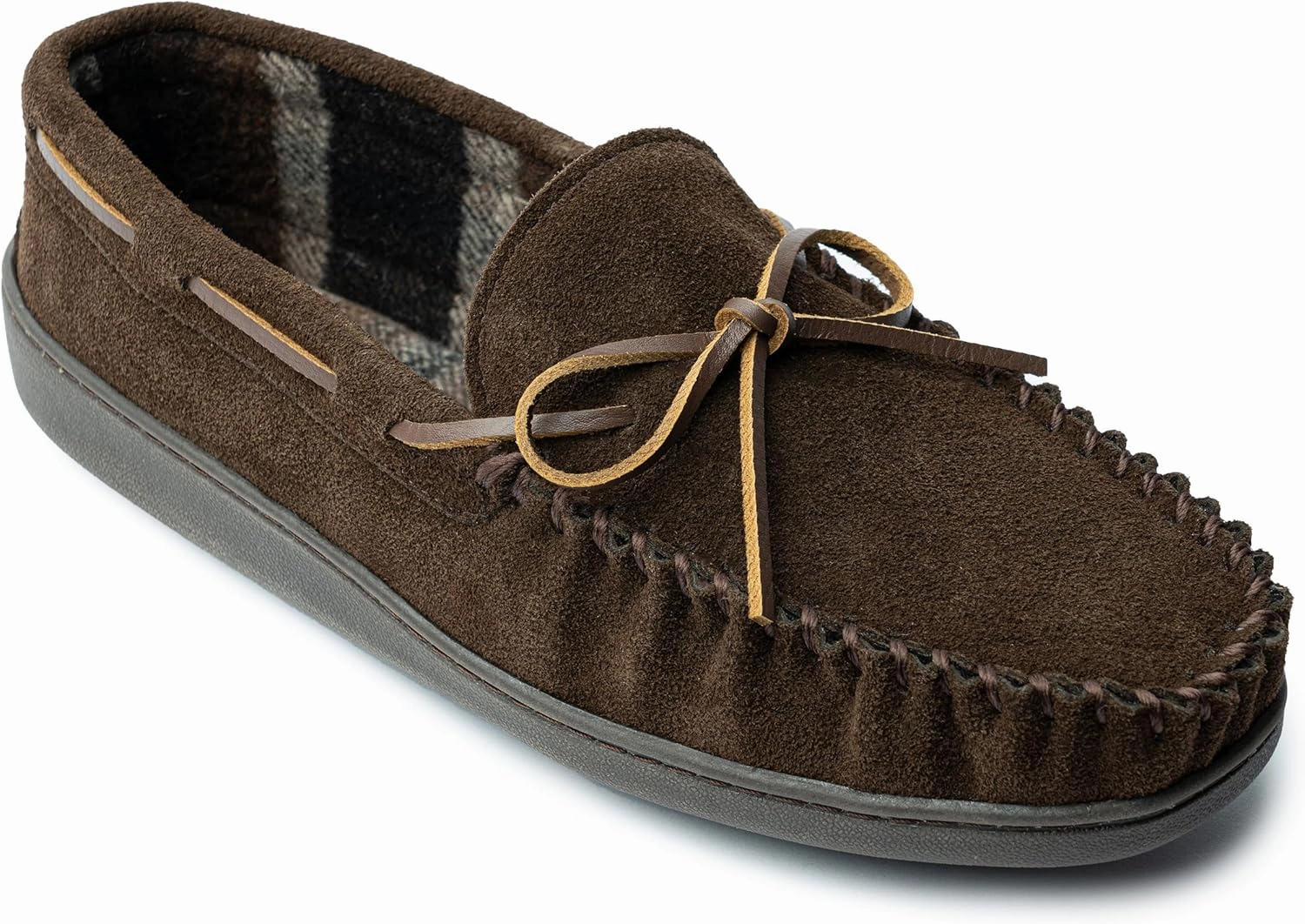 Minnetonka Plaid Lined Hardsole - Moccasin Slippers for Men Made with Suede Upper, Rubber Sole, Plush Interior, Fleece Lining, Rawhide Lace, and Traditional Moccasin Design