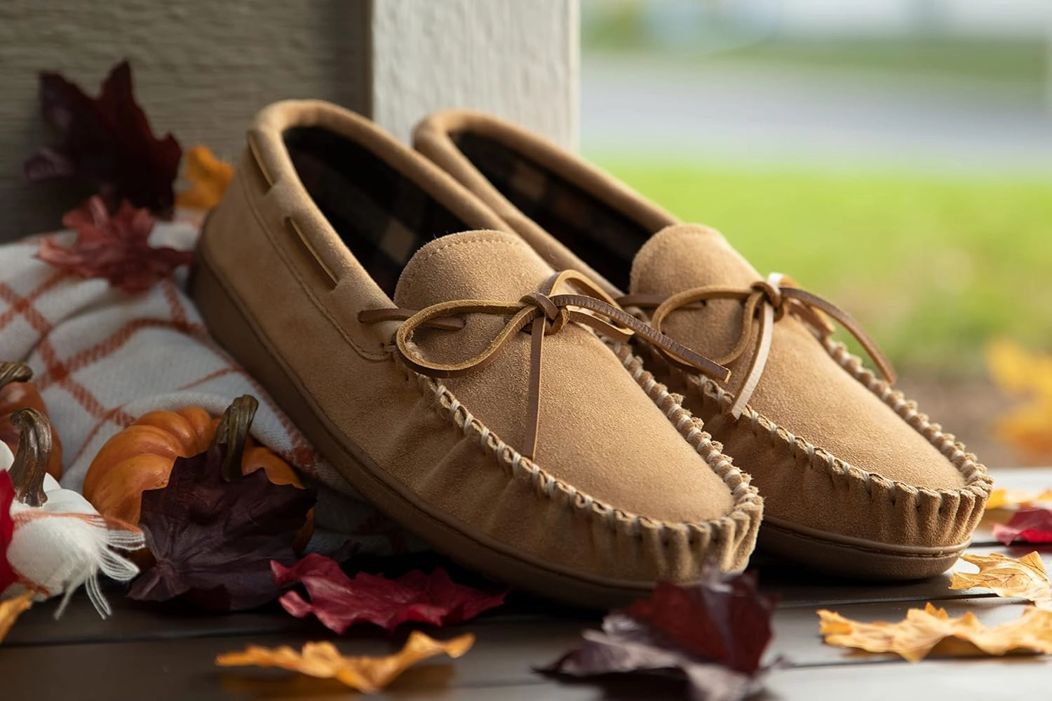 Minnetonka Plaid Lined Hardsole - Moccasin Slippers for Men Made with Suede Upper, Rubber Sole, Plush Interior, Fleece Lining, Rawhide Lace, and Traditional Moccasin Design
