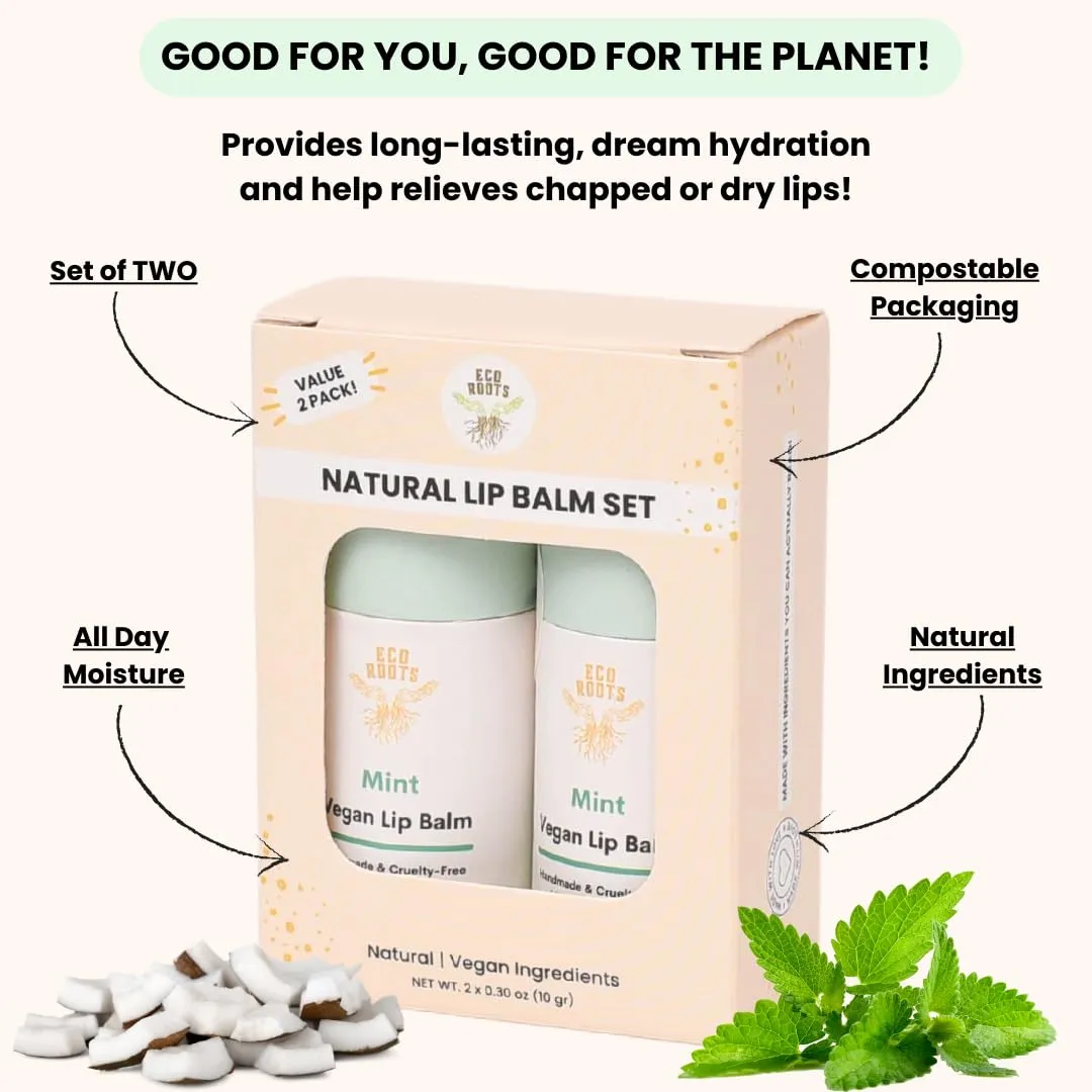 Mint Scent Lip Balm 2 Pack - Organic and Vegan Lip Moisturizer - Cruelty-Free, Eco-Friendly - Plastic-Free with Compostable Packaging - Made in USA Lip Balm Set