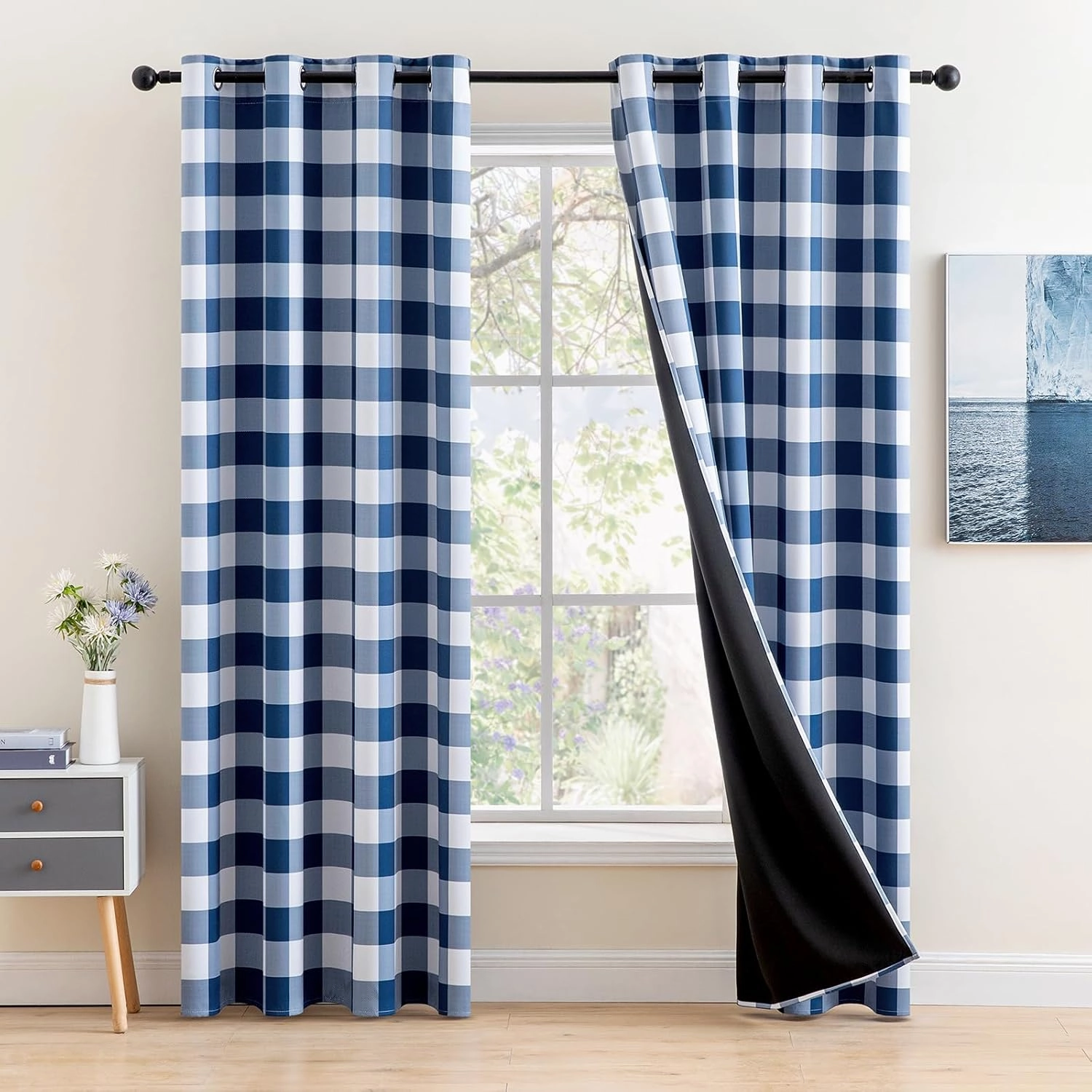MIULEE Buffalo Plaid Curtains for Farmhouse Bedroom, Blackout Window Drapes with Grommets for Living Room Darkening Light Blocking and Thermal Insulated Set of 2 Panels, W 52" x L 84" Navy and White