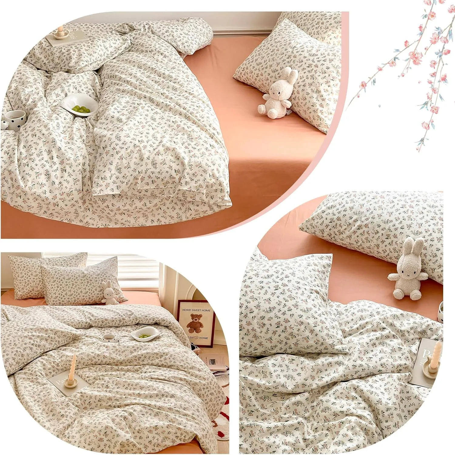 mixinni Boho Floral Girls Duvet Cover Set Twin XL Size Soft Cotton Comforter Cover Set Farmhouse Shabby Chic Flower Duver Cover for Women, 1 Cute Floral Duver Cover and 2 Pillowcases for All Seasons