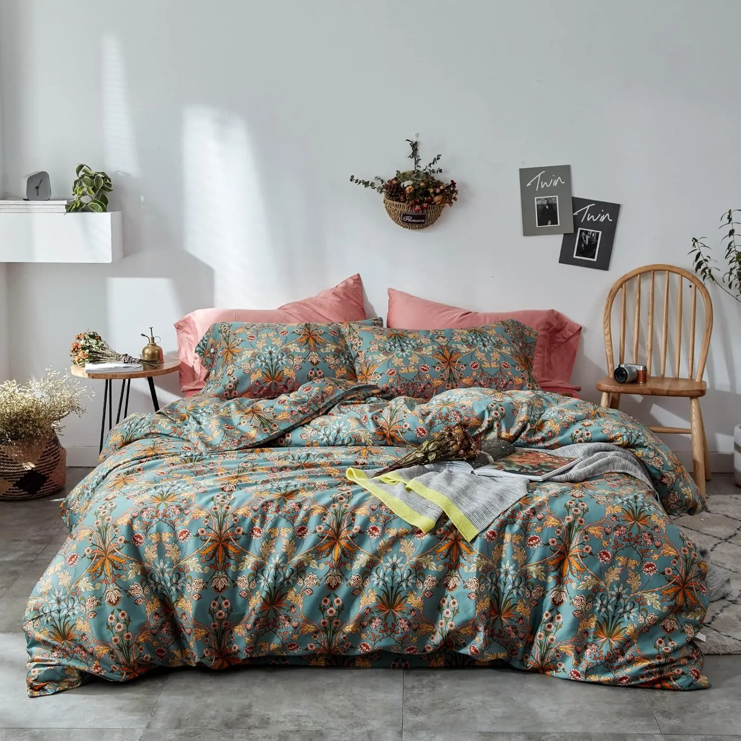mixinni Vintage Style Garden Flower Queen Duvet Cover with Zipper Closure Soft Long Staple Percale Cotton Vibrant Pattern on Blue Flower Bedding Quilt Cover Set(Queen, All Season)