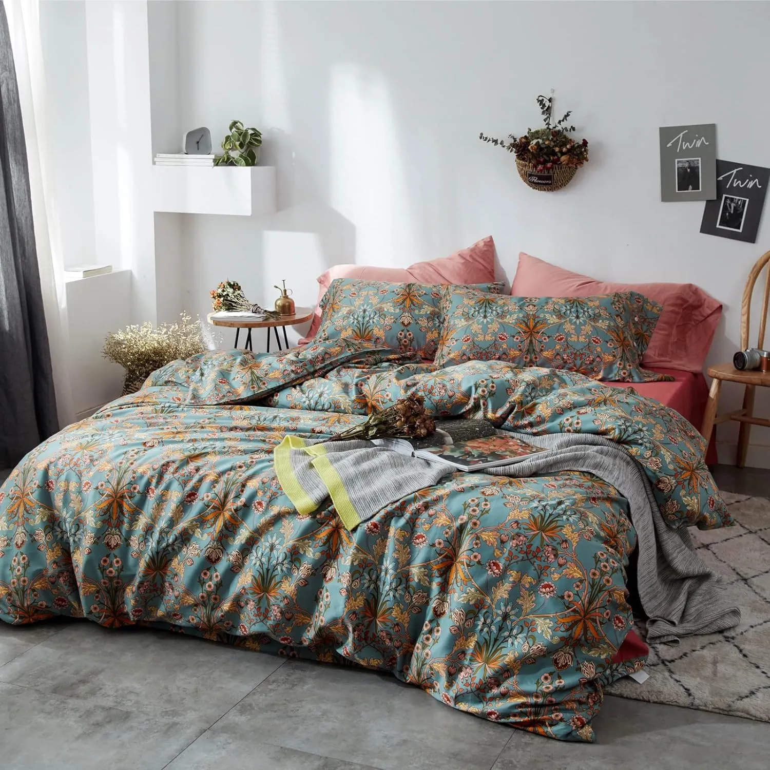 mixinni Vintage Style Garden Flower Queen Duvet Cover with Zipper Closure Soft Long Staple Percale Cotton Vibrant Pattern on Blue Flower Bedding Quilt Cover Set(Queen, All Season)