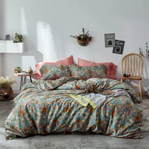 mixinni Vintage Style Garden Flower Queen Duvet Cover with Zipper Closure Soft Long Staple Percale Cotton Vibrant Pattern on Blue Flower Bedding Quilt Cover Set(Queen, All Season)