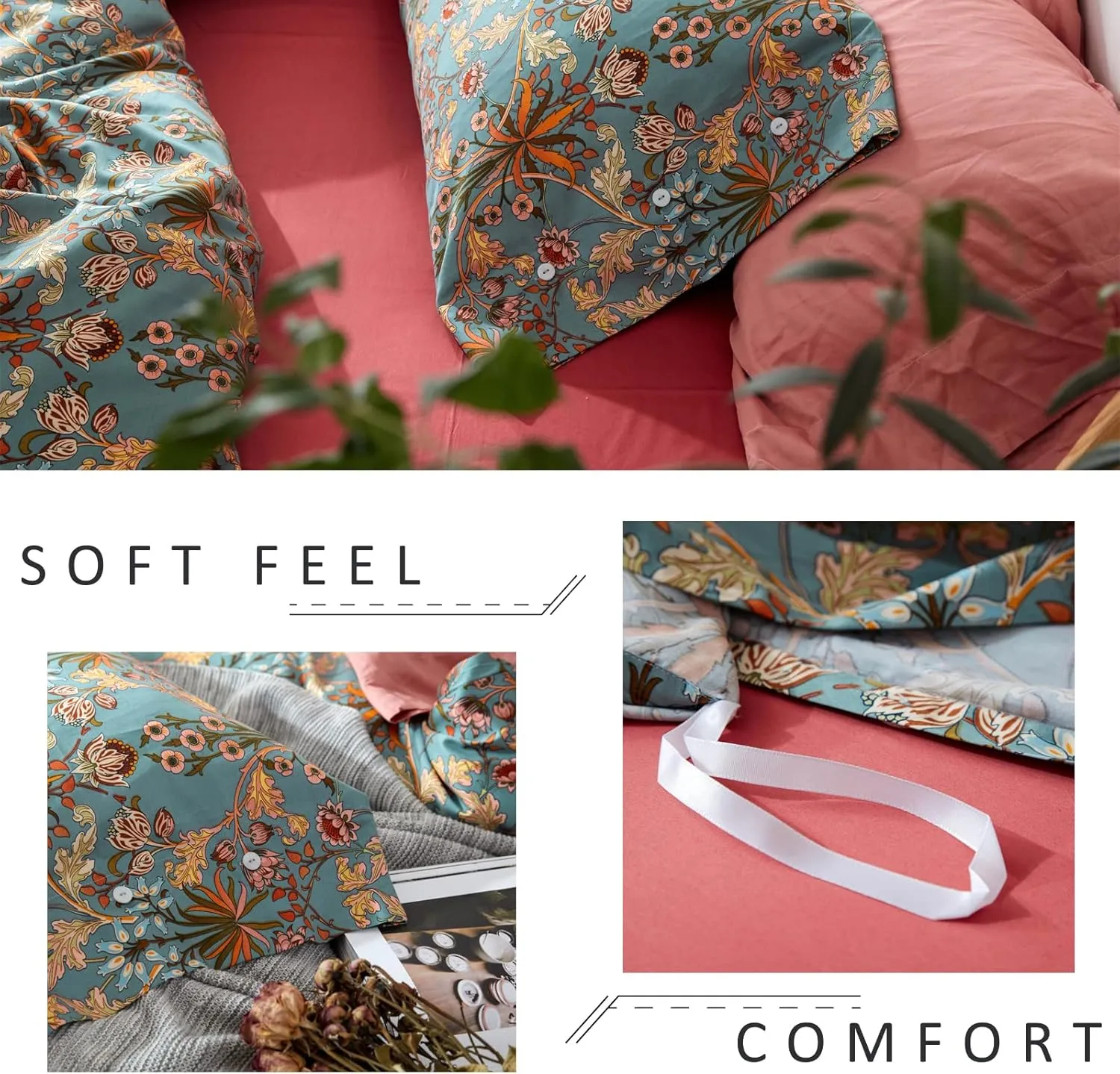 mixinni Vintage Style Garden Flower Queen Duvet Cover with Zipper Closure Soft Long Staple Percale Cotton Vibrant Pattern on Blue Flower Bedding Quilt Cover Set(Queen, All Season)