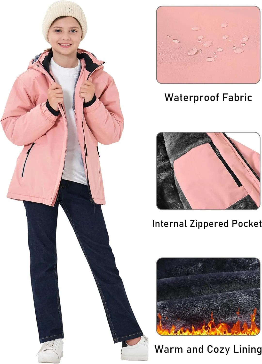 MoFiz Girls Ski Jacket Waterproof Fleece Lined Snowboard Jacket Warm Winter Snow Coats with Removable Hood