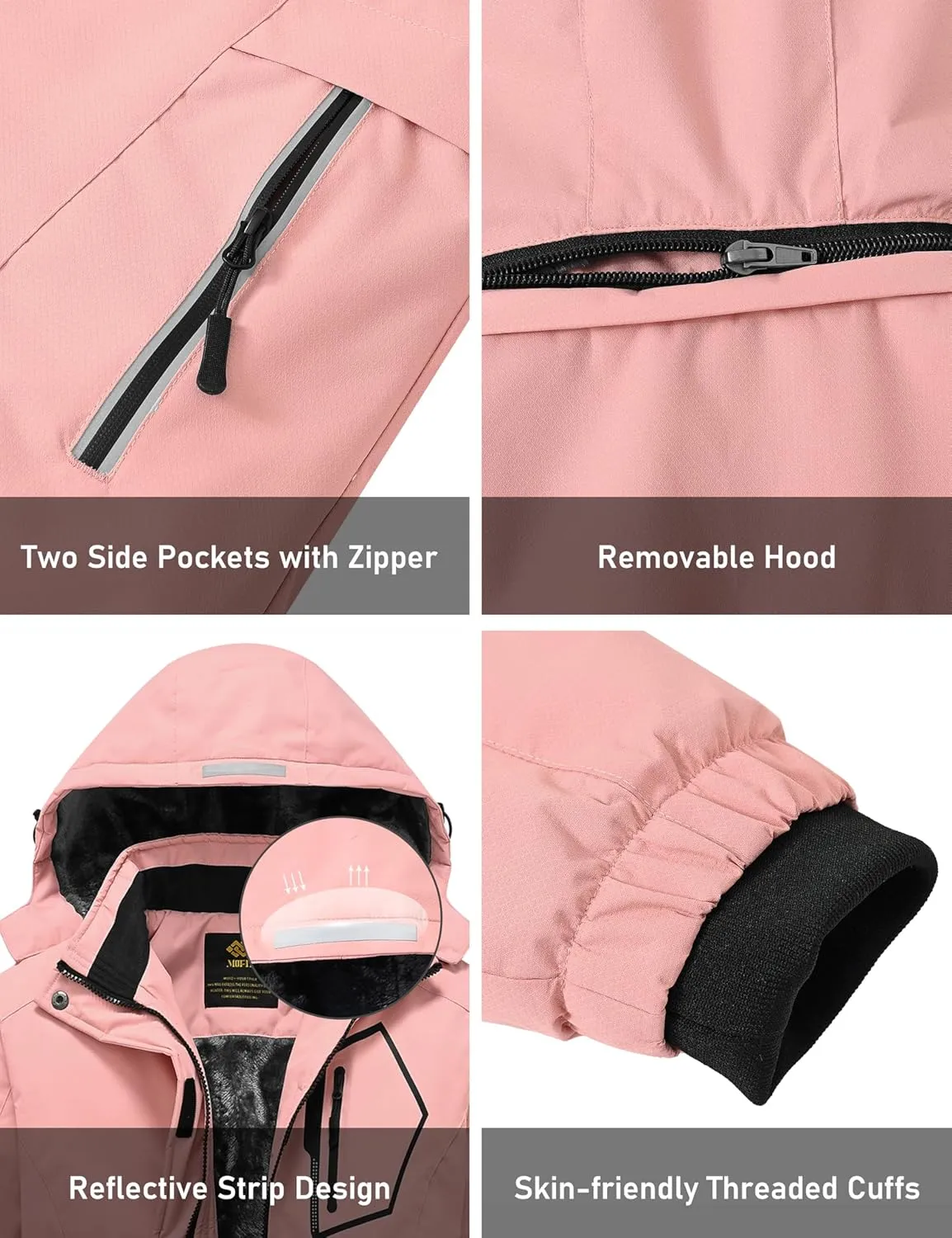 MoFiz Girls Ski Jacket Waterproof Fleece Lined Snowboard Jacket Warm Winter Snow Coats with Removable Hood