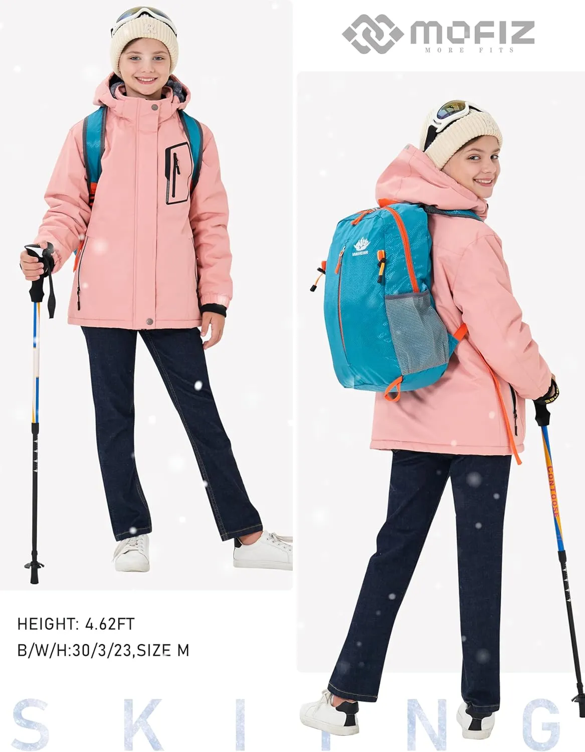 MoFiz Girls Ski Jacket Waterproof Fleece Lined Snowboard Jacket Warm Winter Snow Coats with Removable Hood
