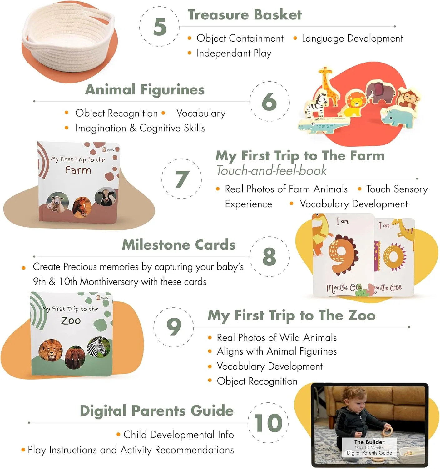 Montessori Toy Set 9-10 Months Baby Toys - Wooden Stacking Cups, Ring Stacker, Egg in a Cup, Zoo Farm Animal Sensory Touch and Feel Board Books, Blocks, Brain Development Gifts Basket