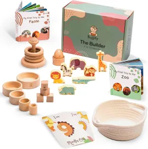 Montessori Toy Set 9-10 Months Baby Toys - Wooden Stacking Cups, Ring Stacker, Egg in a Cup, Zoo Farm Animal Sensory Touch and Feel Board Books, Blocks, Brain Development Gifts Basket