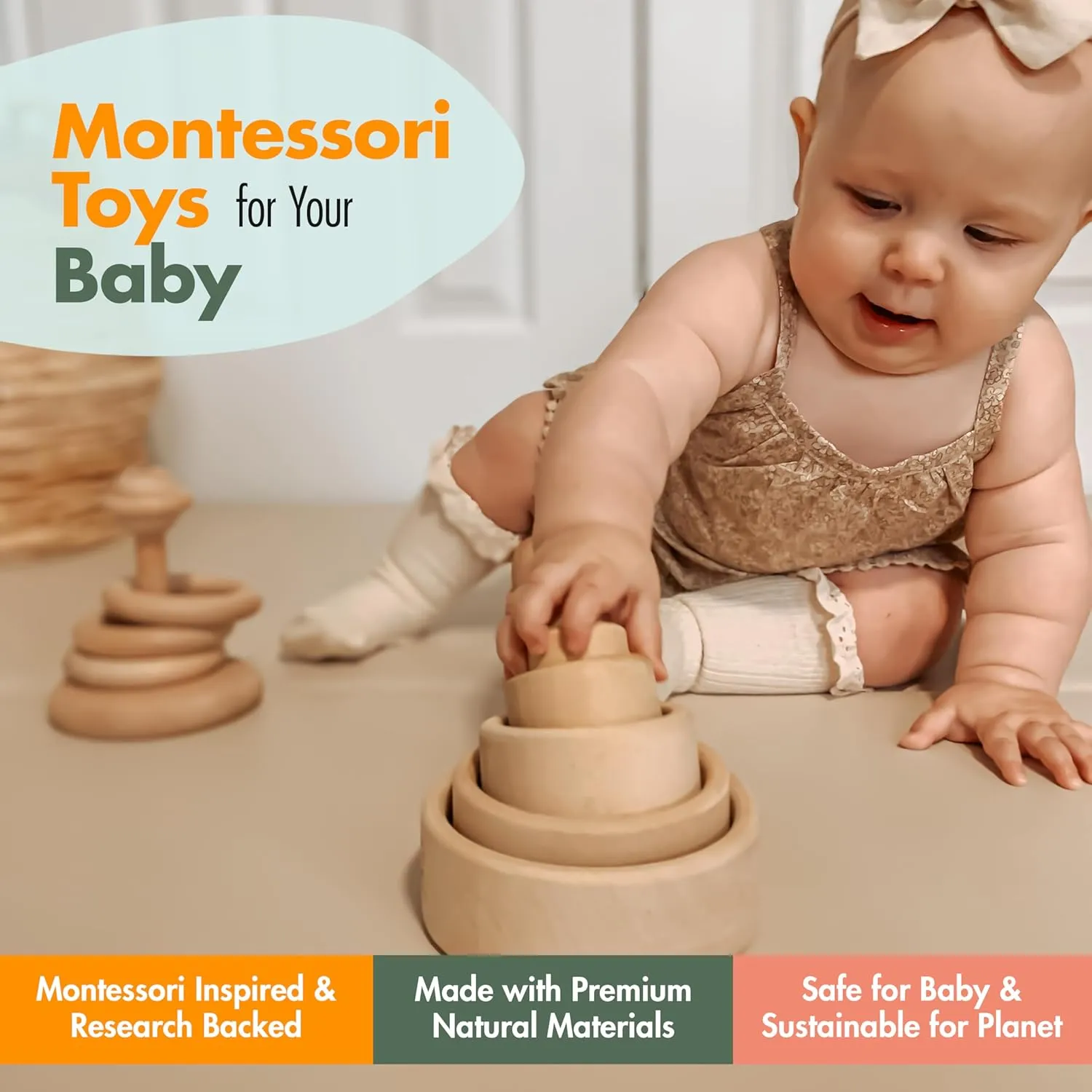 Montessori Toy Set 9-10 Months Baby Toys - Wooden Stacking Cups, Ring Stacker, Egg in a Cup, Zoo Farm Animal Sensory Touch and Feel Board Books, Blocks, Brain Development Gifts Basket