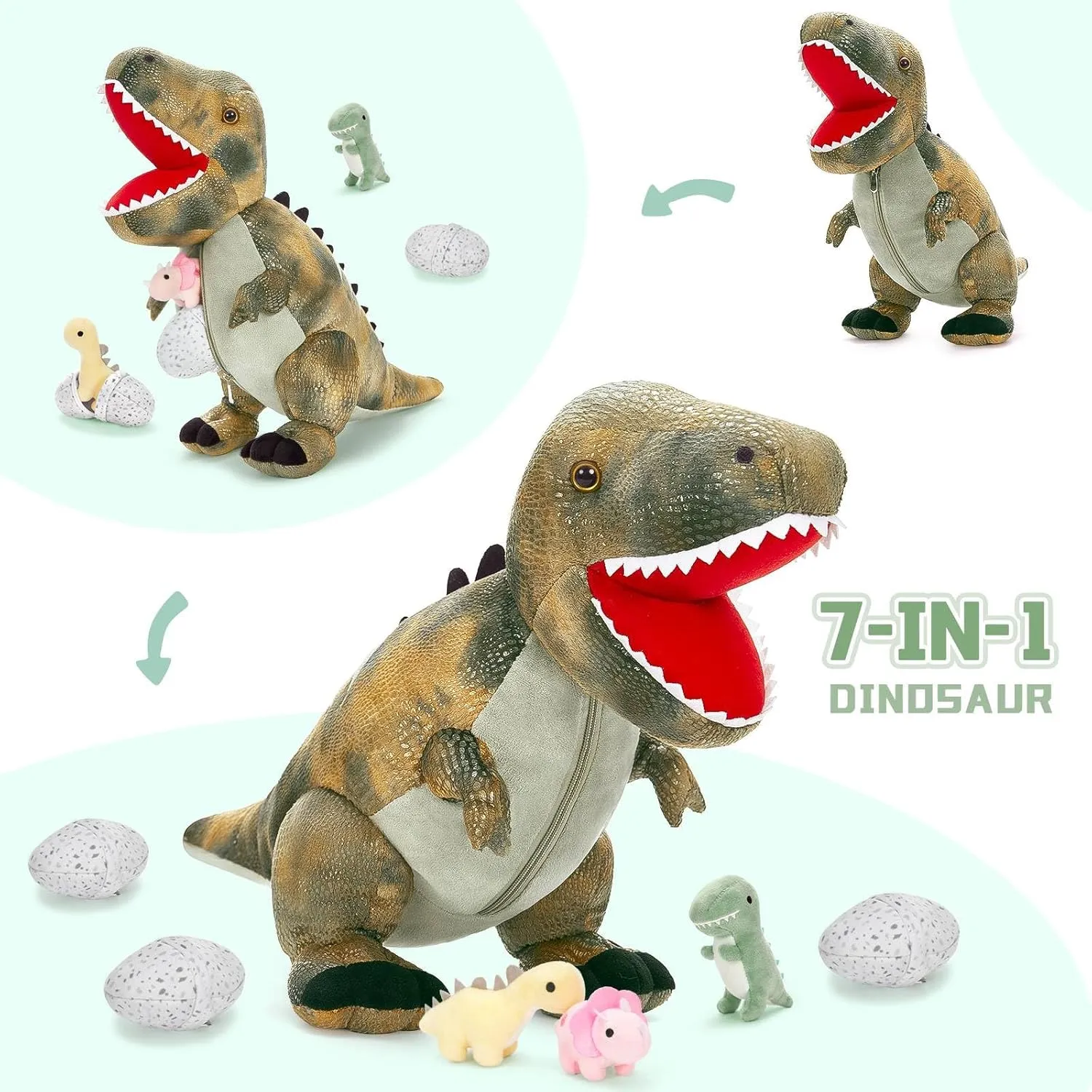 MorisMos Dinosaur Stuffed Animals Set,23.6'' Big Stuffed Dinosaur Mommy   3 Baby Dino Toys 3 Plush Dino Eggs, Boy Girl T-Rex Toys for Kid Birthday Gift,Realistic T-rex, CPC Certified,Machine Washable