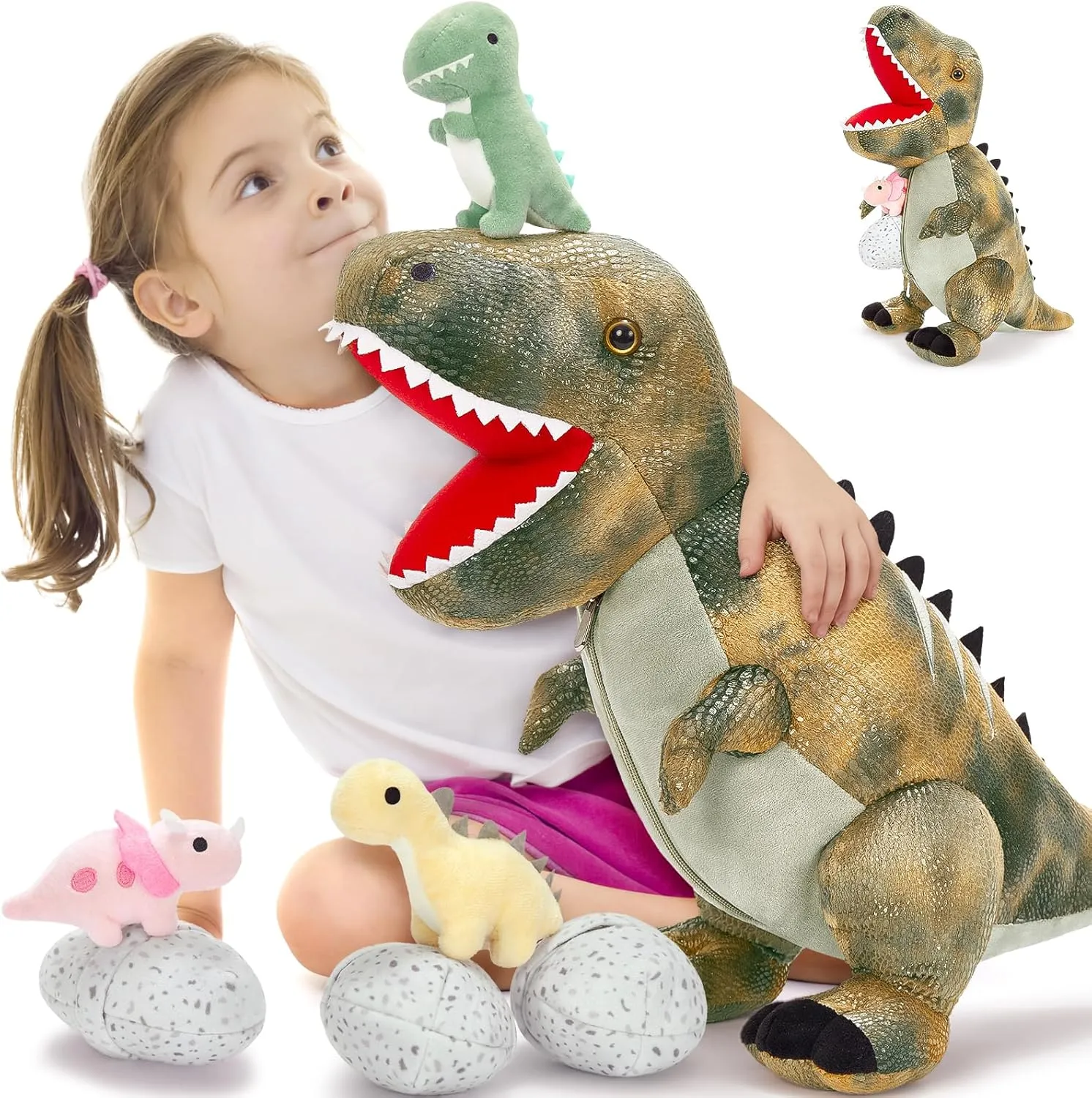 MorisMos Dinosaur Stuffed Animals Set,23.6'' Big Stuffed Dinosaur Mommy   3 Baby Dino Toys 3 Plush Dino Eggs, Boy Girl T-Rex Toys for Kid Birthday Gift,Realistic T-rex, CPC Certified,Machine Washable