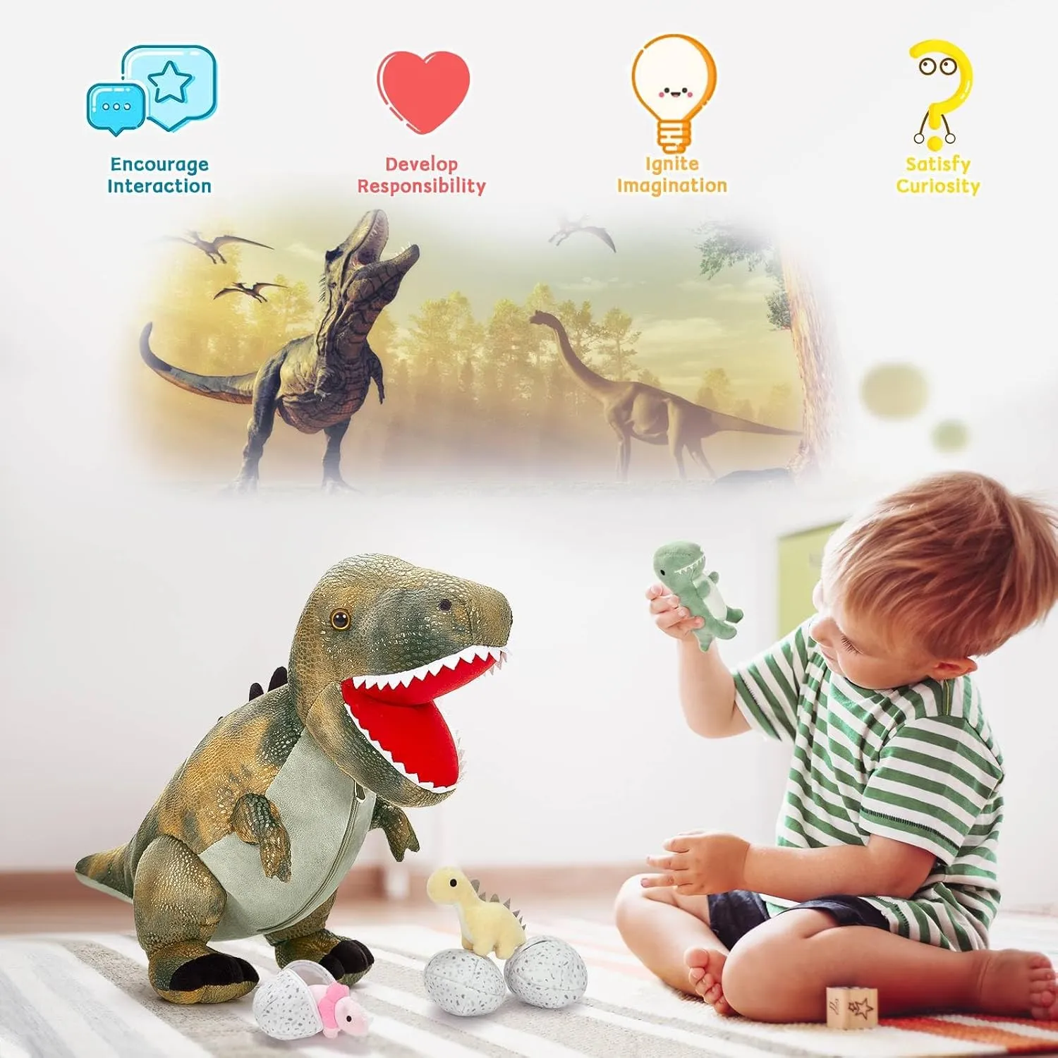 MorisMos Dinosaur Stuffed Animals Set,23.6'' Big Stuffed Dinosaur Mommy   3 Baby Dino Toys 3 Plush Dino Eggs, Boy Girl T-Rex Toys for Kid Birthday Gift,Realistic T-rex, CPC Certified,Machine Washable